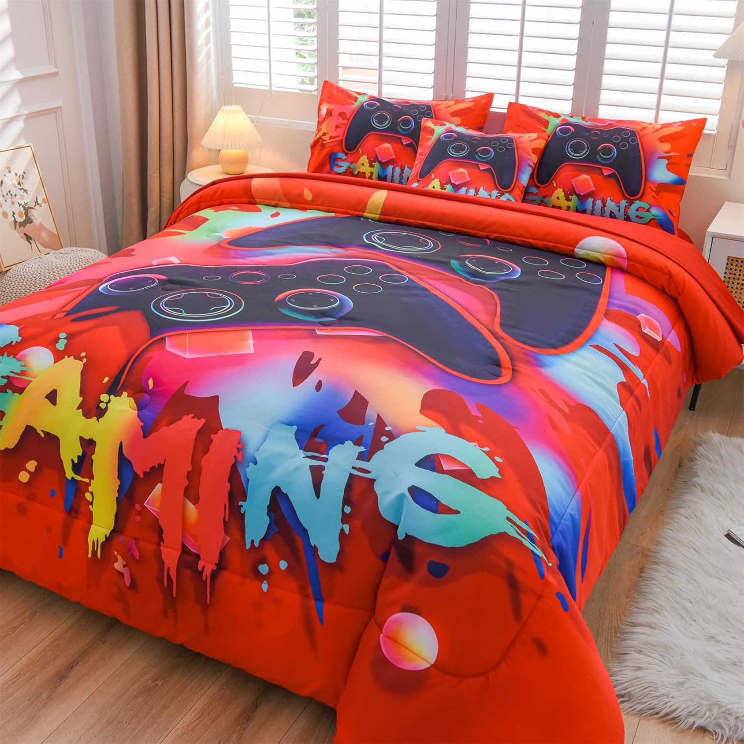 Aimuan Juego de ropa de cama con estampado de consola de videojuegos en 3D para niños, consola de juegos, botones de acción, controlador de juegos