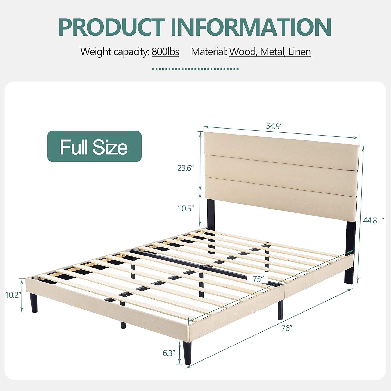 Base de cama tapizada de metal de tamaño matrimonial con cabecero y listones de madera fuertes, antideslizante y sin ruido, no necesita somier, base
