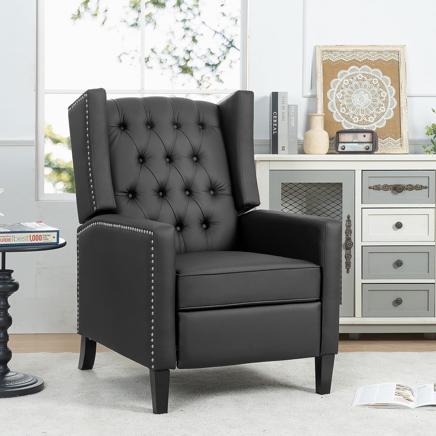 Silla reclinable moderna de piel sintética, silla reclinable con respaldo de empuje, sillón de lectura copetudo, silla decorativa para sala de