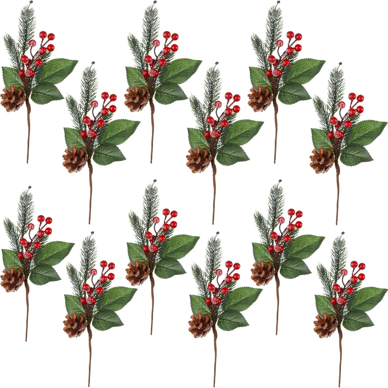 12 púas de pino nevado de Navidad, púas de bayas rojas, púas artificiales de pino de acebo, bayas falsas, conos de pino para manualidades de
