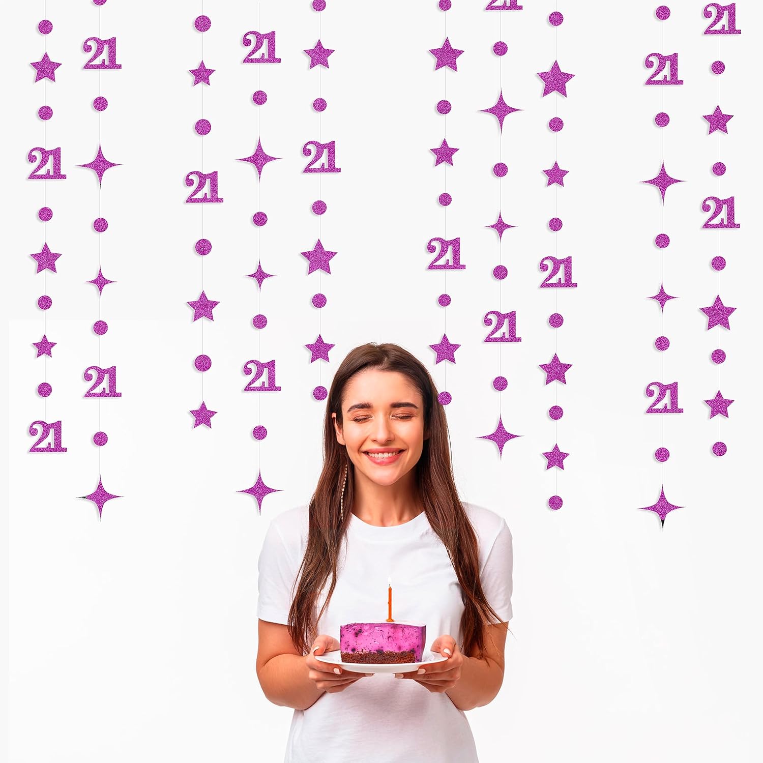 Guirnalda de estrellas centelleantes con el número 21 de color morado con purpurina para colgar en banderines, decoración de telón de fondo para