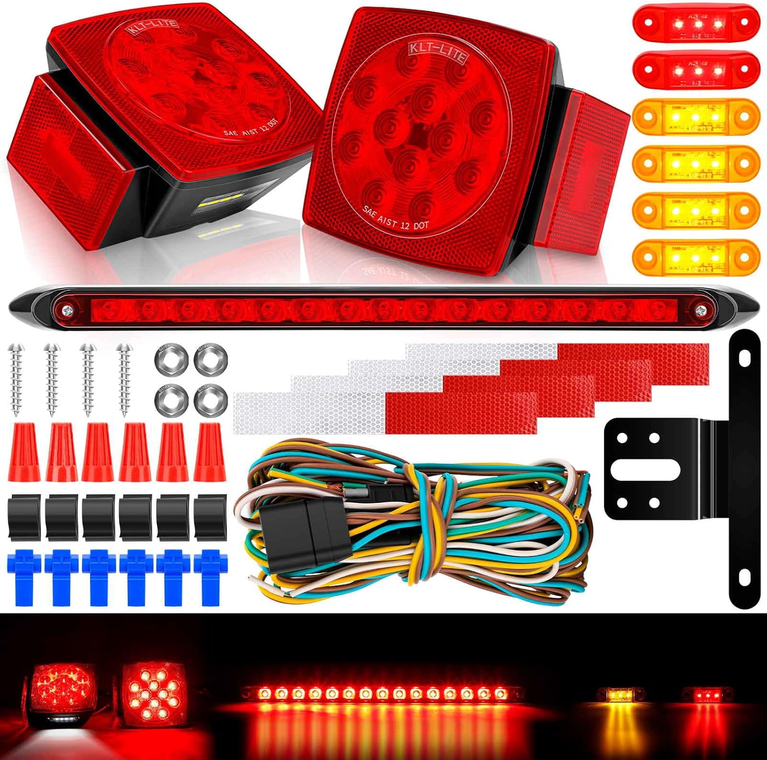 Cyfie Kit de luces LED para remolque, luces de remolque superbrillantes de 12 V con arnés de cableado de 25 pies, 6 luces de marcador de freno de