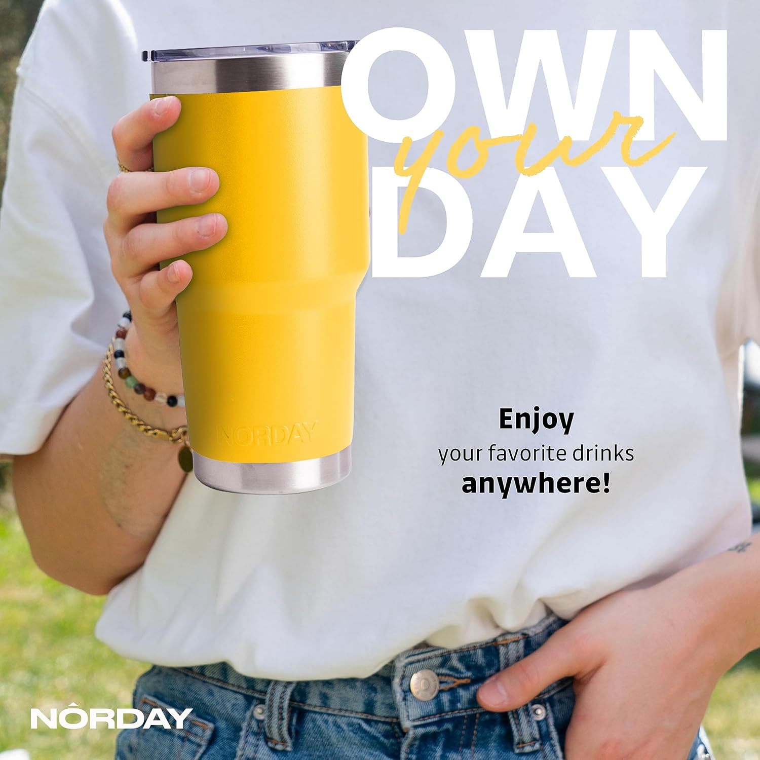 NORDAY Vaso con tapa, 30 onzas, amarillo, de acero inoxidable, doble pared aislada al vacío, taza de café de viaje para portavasos de automóvil,