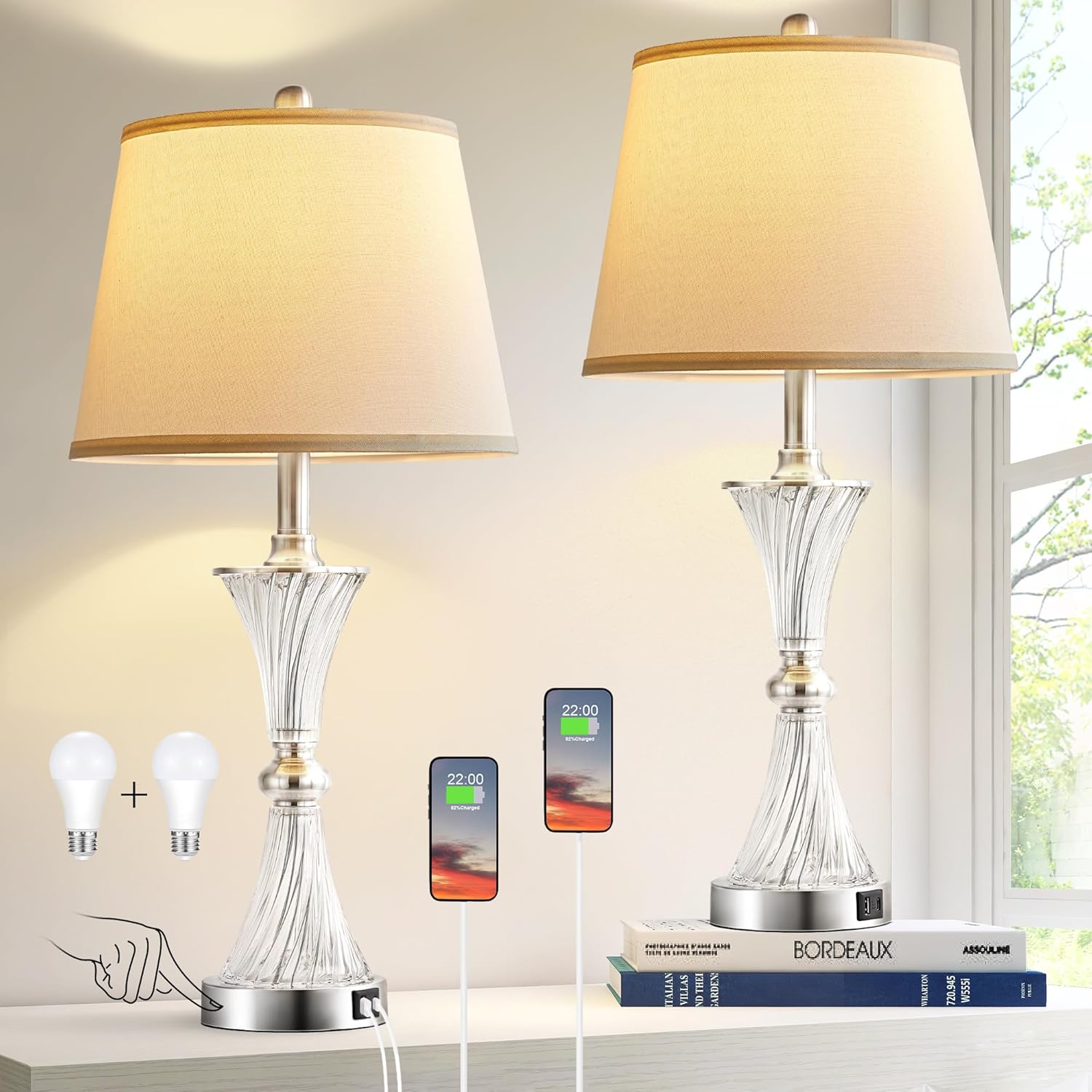 BZZMMB Juego de 2 lámparas de vidrio para dormitorio, lámparas modernas para mesita de noche con puertos USB, lámparas de mesa de 27 pulgadas de
