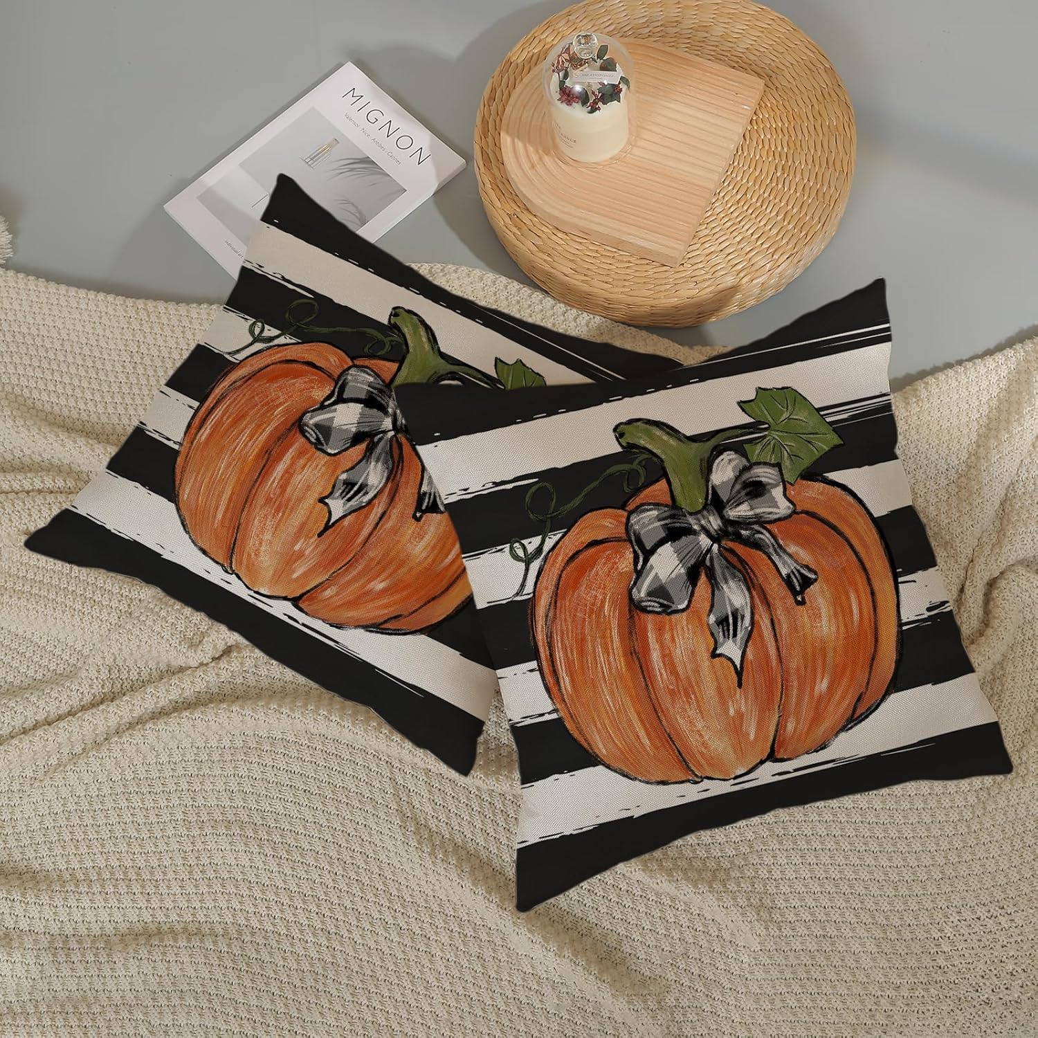 Juego de 2 fundas de almohada de otoño de 20 x 20 pulgadas, diseño de calabaza con rayas negras en acuarela para sofá, cosecha de otoño, interiores