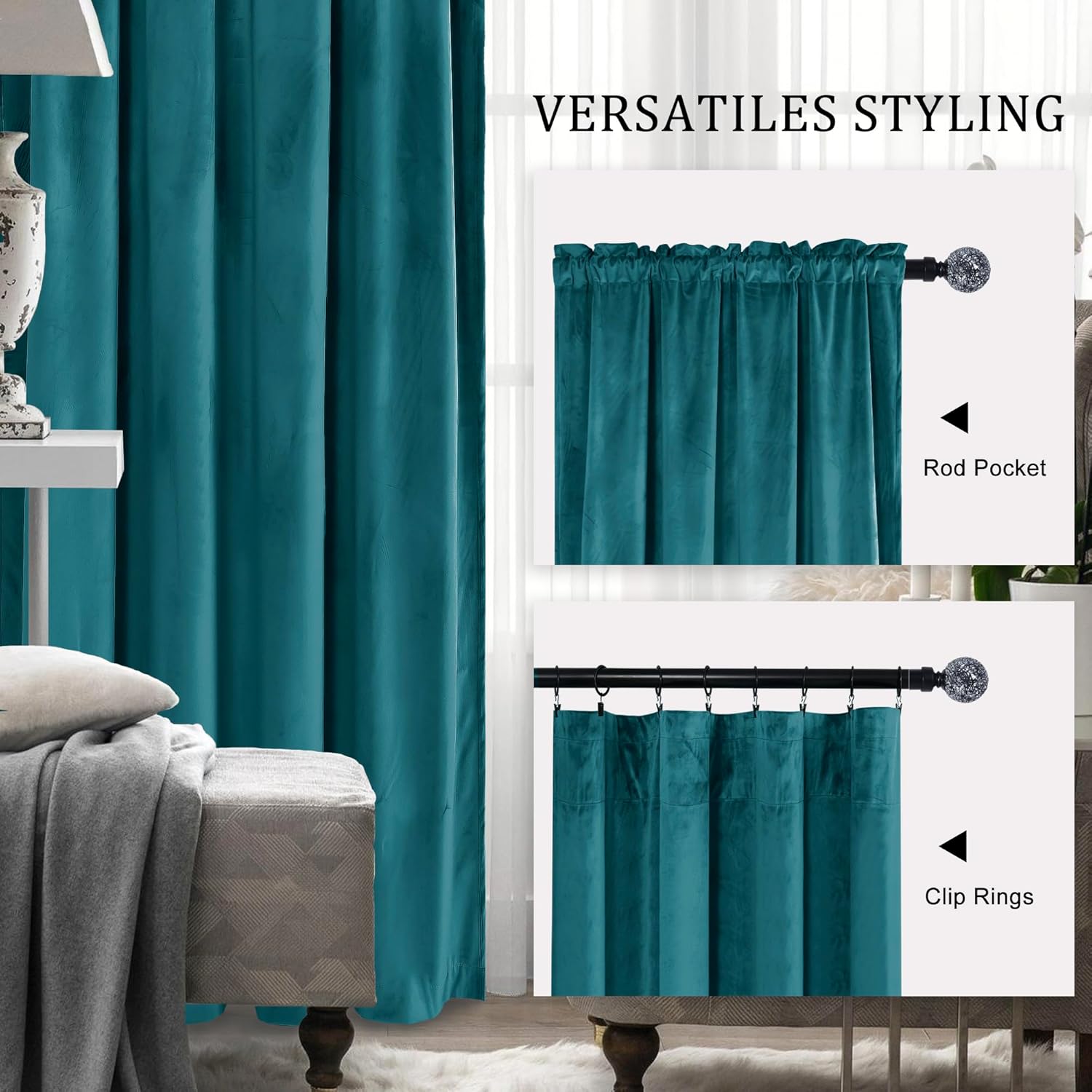 Hiasan Cortinas opacas de terciopelo color verde azulado de 96 pulgadas, con aislamiento térmico y suaves para dormitorio, sala de estar,