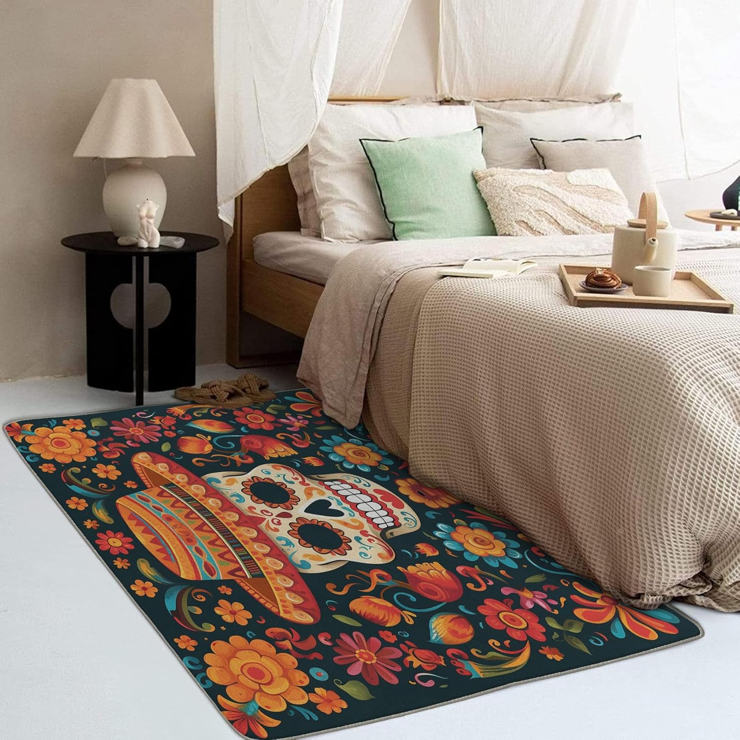 Alfombra de calavera de azúcar y decoración del hogar, alfombra mexicana de 6 x 8 pies, alfombra mexicana para sala de estar, dormitorio, alfombra