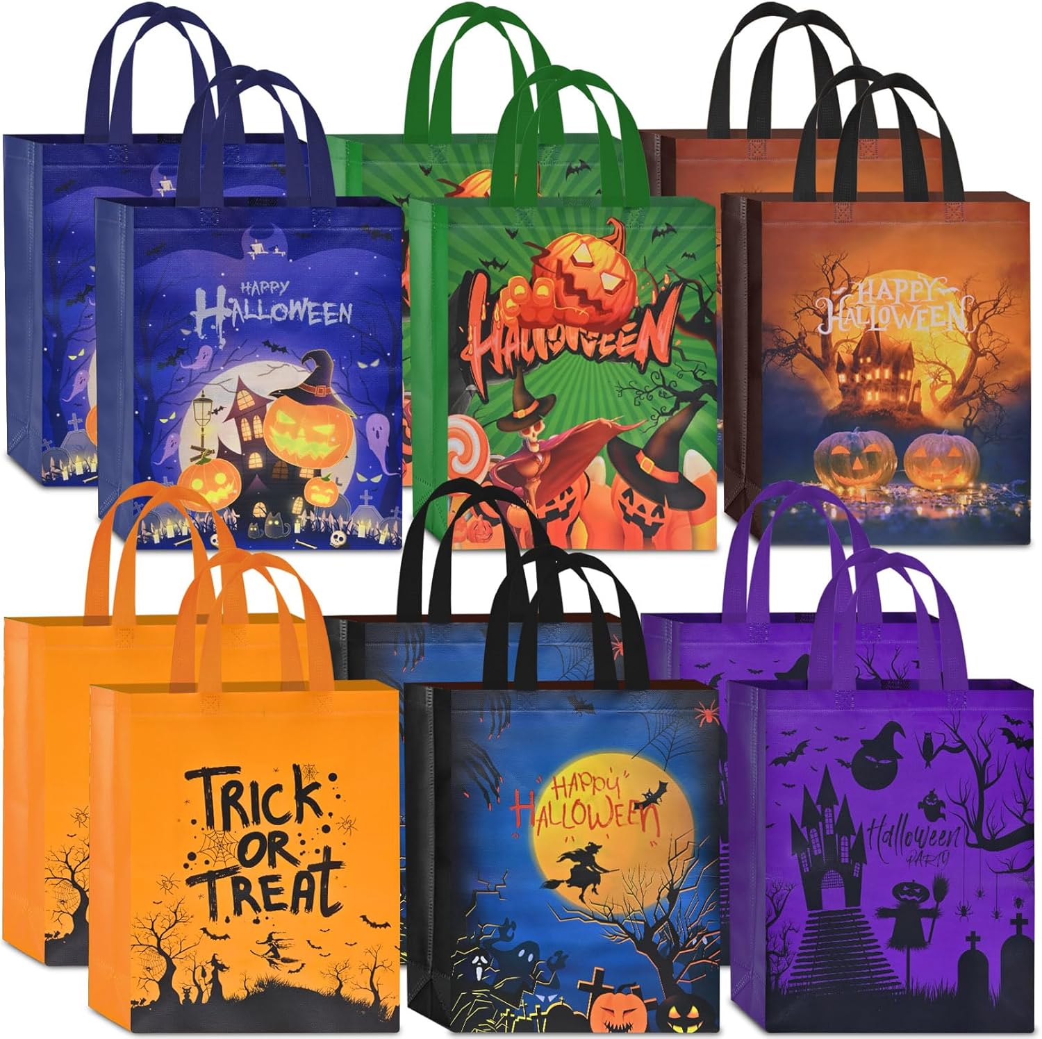 AhfuLife 12 bolsas de Halloween para dulce o truco, bolsas grandes de dulces de Halloween con asas para niños, bolsas de regalo reutilizables de