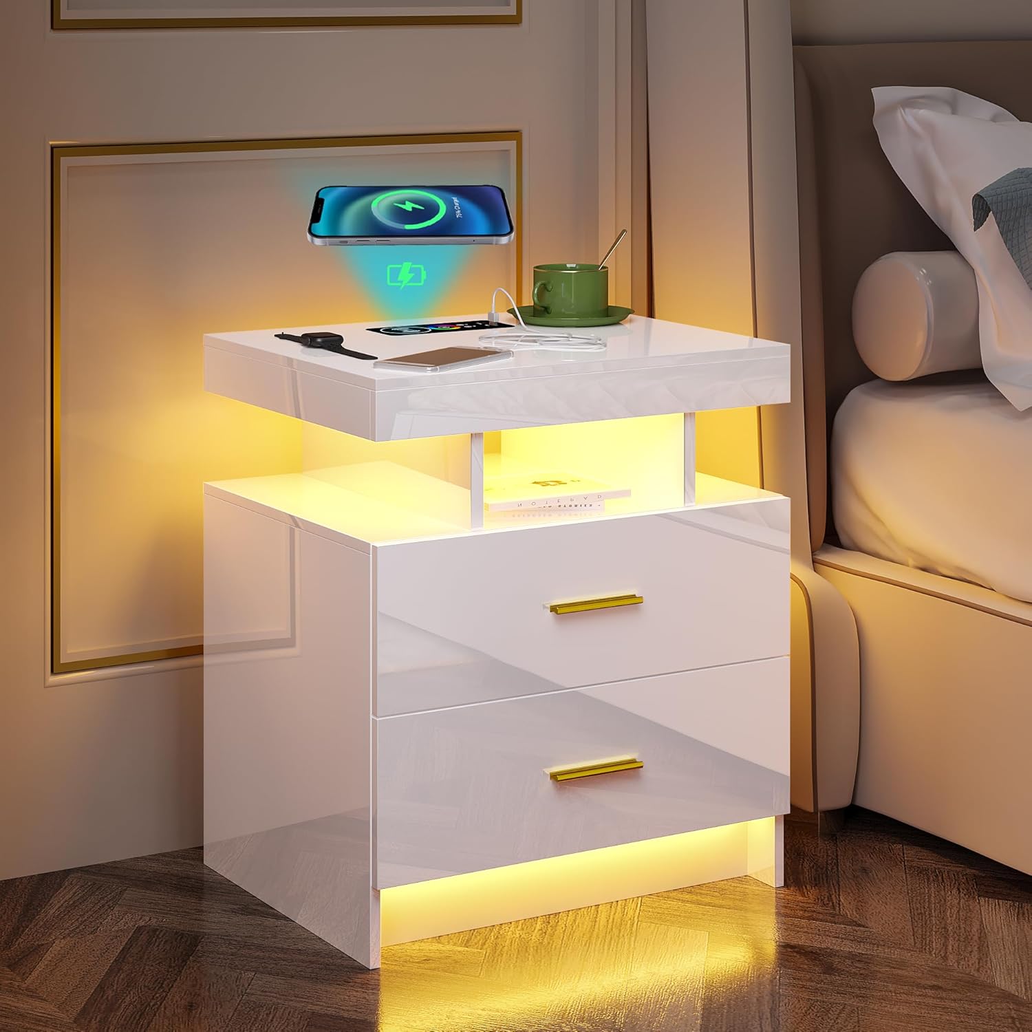 HNEBC Mesita de noche LED, RGB blanco con estación de carga USBinalámbrica, moderna mesita de noche con sensor automático de luces RGB, mesa