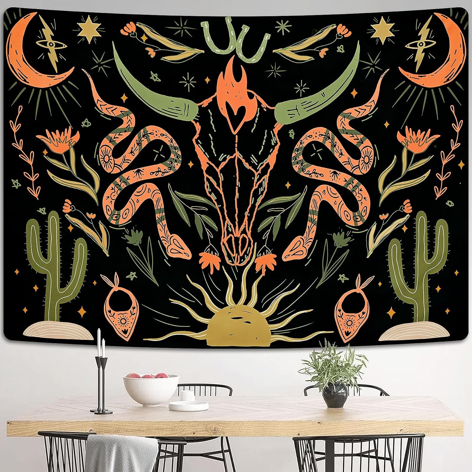Uspring Tapiz de calavera de vaca, tapiz de serpiente trippy, tapiz estético con plantas florales, cactus y sol, luna, estrellas, tapiz vintage de