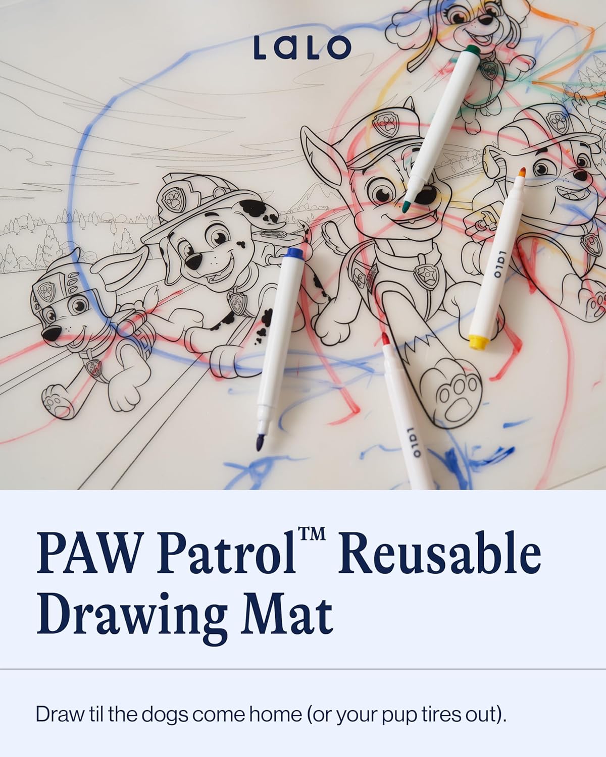 Lalo PAW Patrol – Tapete de dibujo reutilizable con marcadores de borrado en seco, tapete reutilizable de silicona transparente para garabatos,