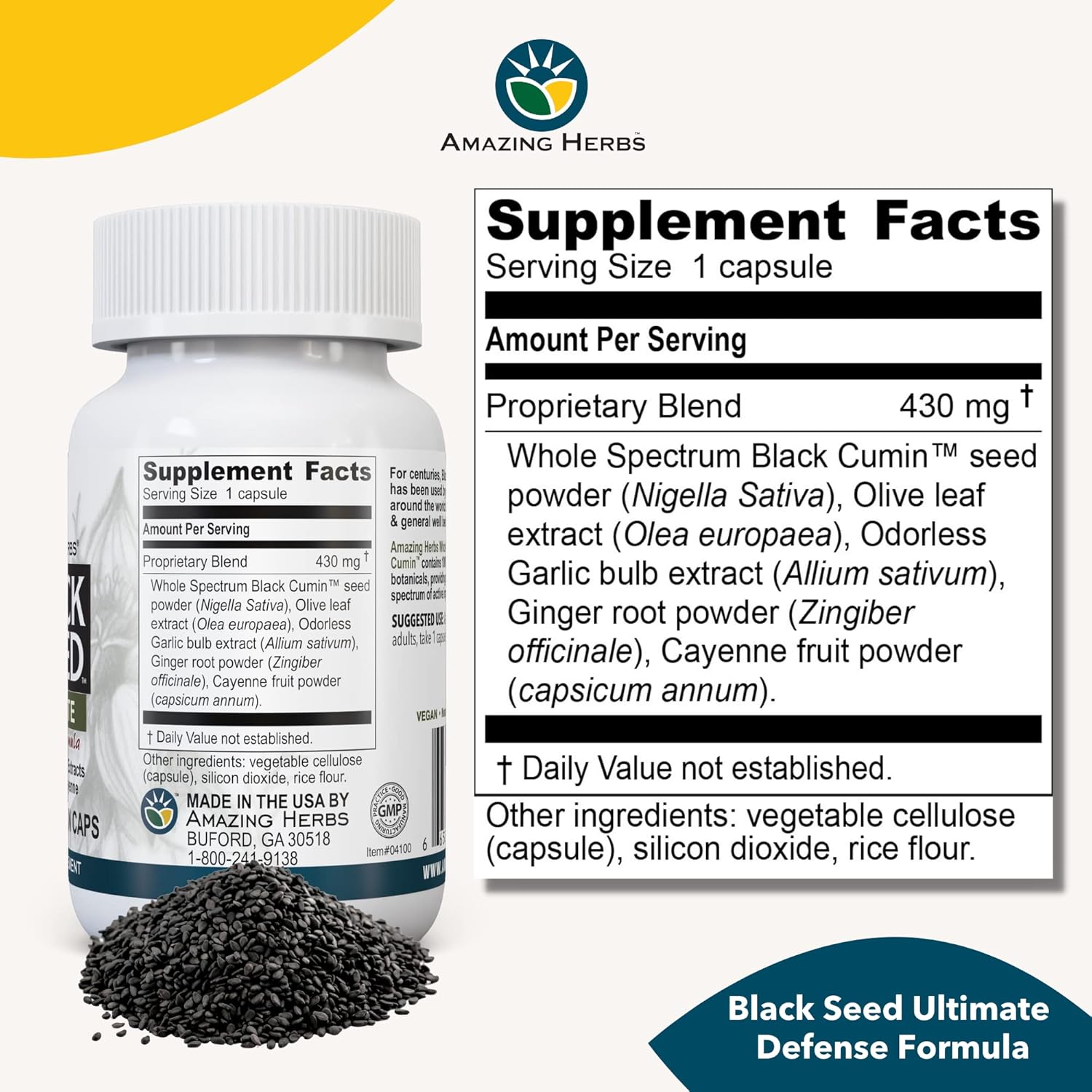 Amazing Herbs Whole Spectrum Black Seed Ultimate, Cápsulas vegetarianas  Extractos de hoja de olivo y ajo más jengibre y cayena, sin gluten, sin