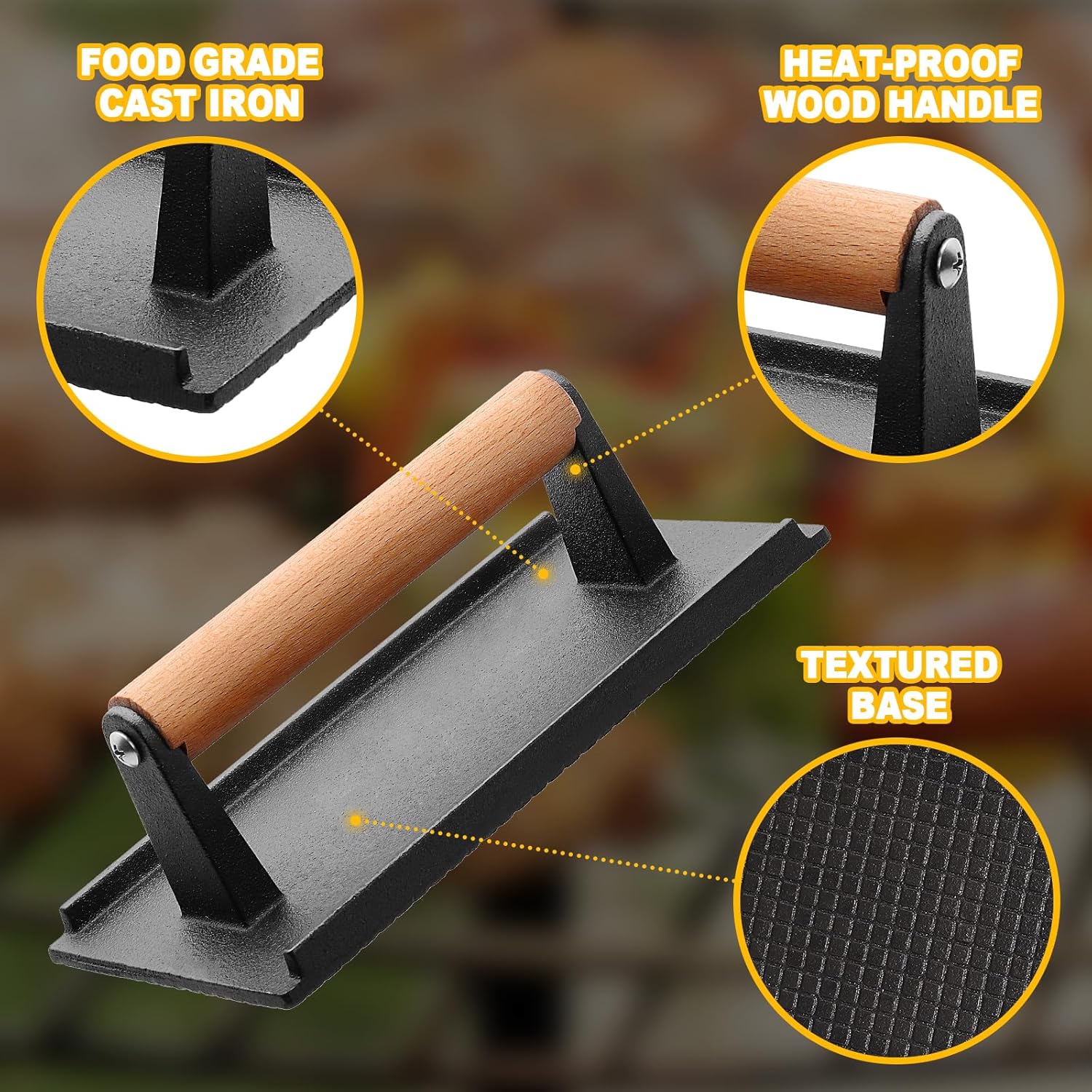 Prensa de hamburguesas para plancha Blackstone, redonda de 6.8 pulgadas y 8.2 x 4.2 pulgadas, rectangular de hierro fundido resistente, para carne y