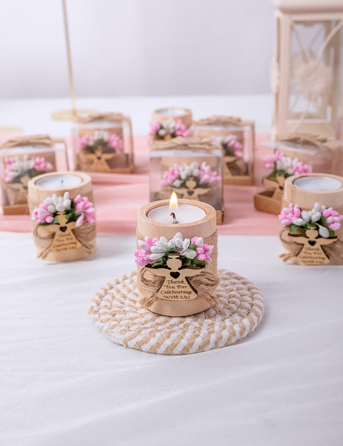 Ju’s Favors Pack of 10 Wood Tealight Candle Holder,Baptism Gifts for Girl, Communion Favors for Guests, First Communion Gift, (Light-pink angel)