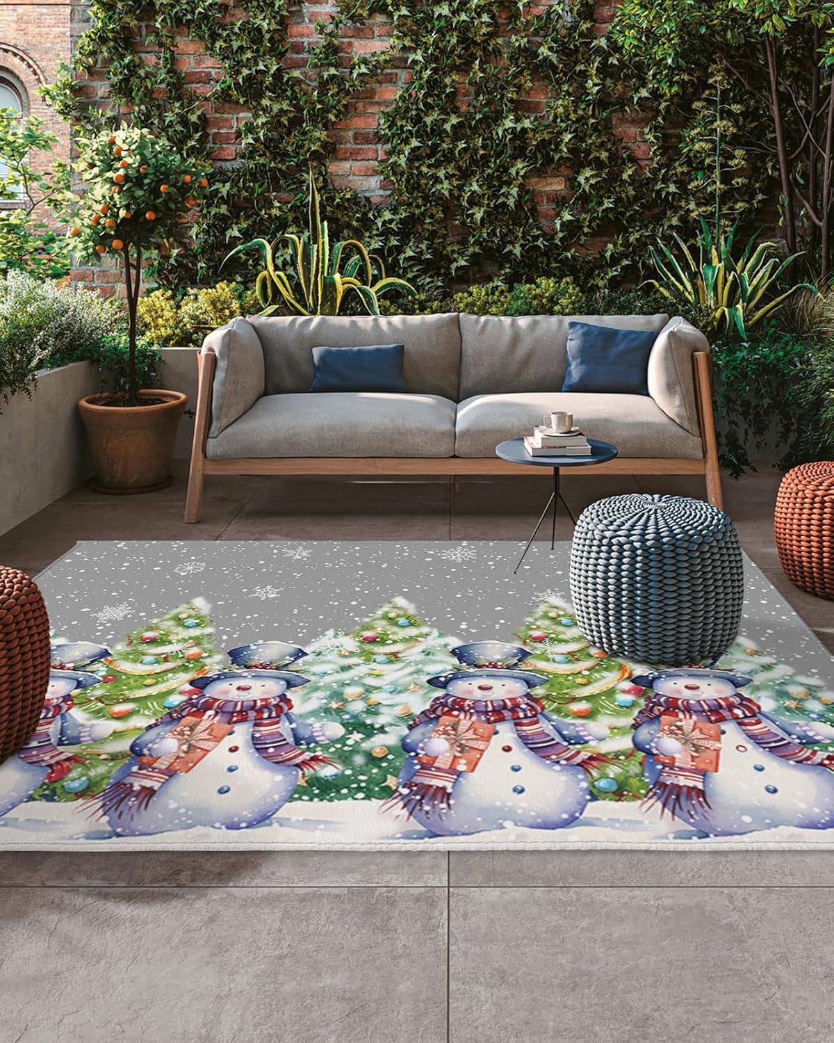 Outdoor Rug Carpet Waterproof 4×6 ft Area Rug, Merry Christmas Snowman Snowflake Large Floor Mat for Patio Balcony Living Room Backyard Picnic Beach