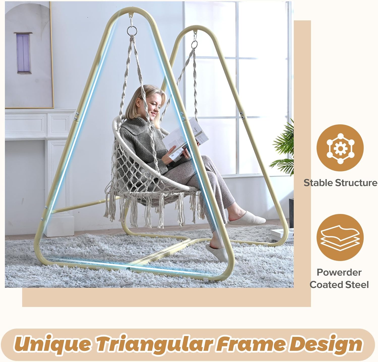 Merax Silla columpio hamaca con soporte, silla colgante resistente con borlas para dormitorio, interior, color beige