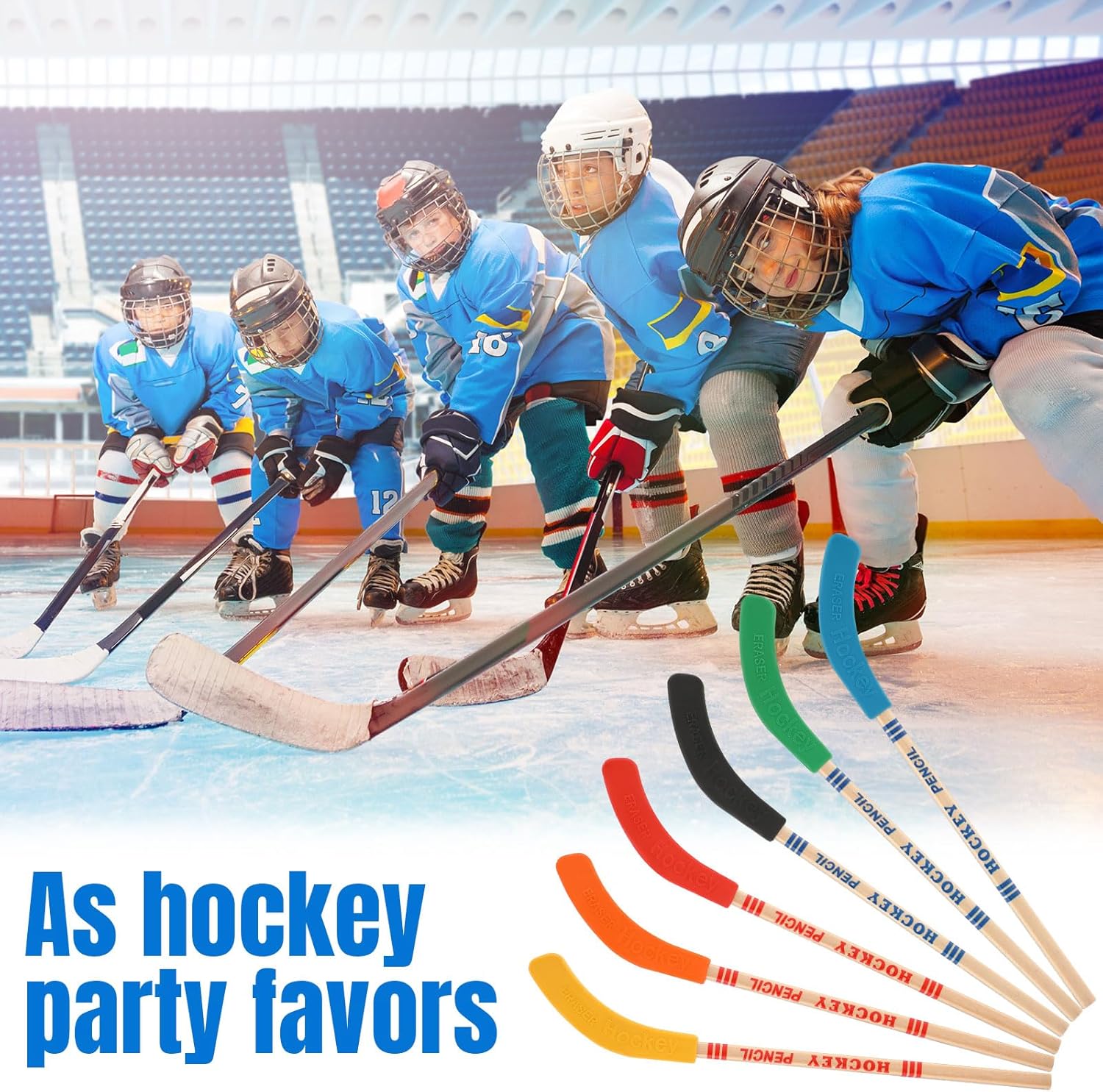72 piezas de recuerdos de fiesta de hockey incluyen 24 lápices de hockey con borradores, 24 pelotas de hockey, 24 bolsas, lápices de palo de hockey,