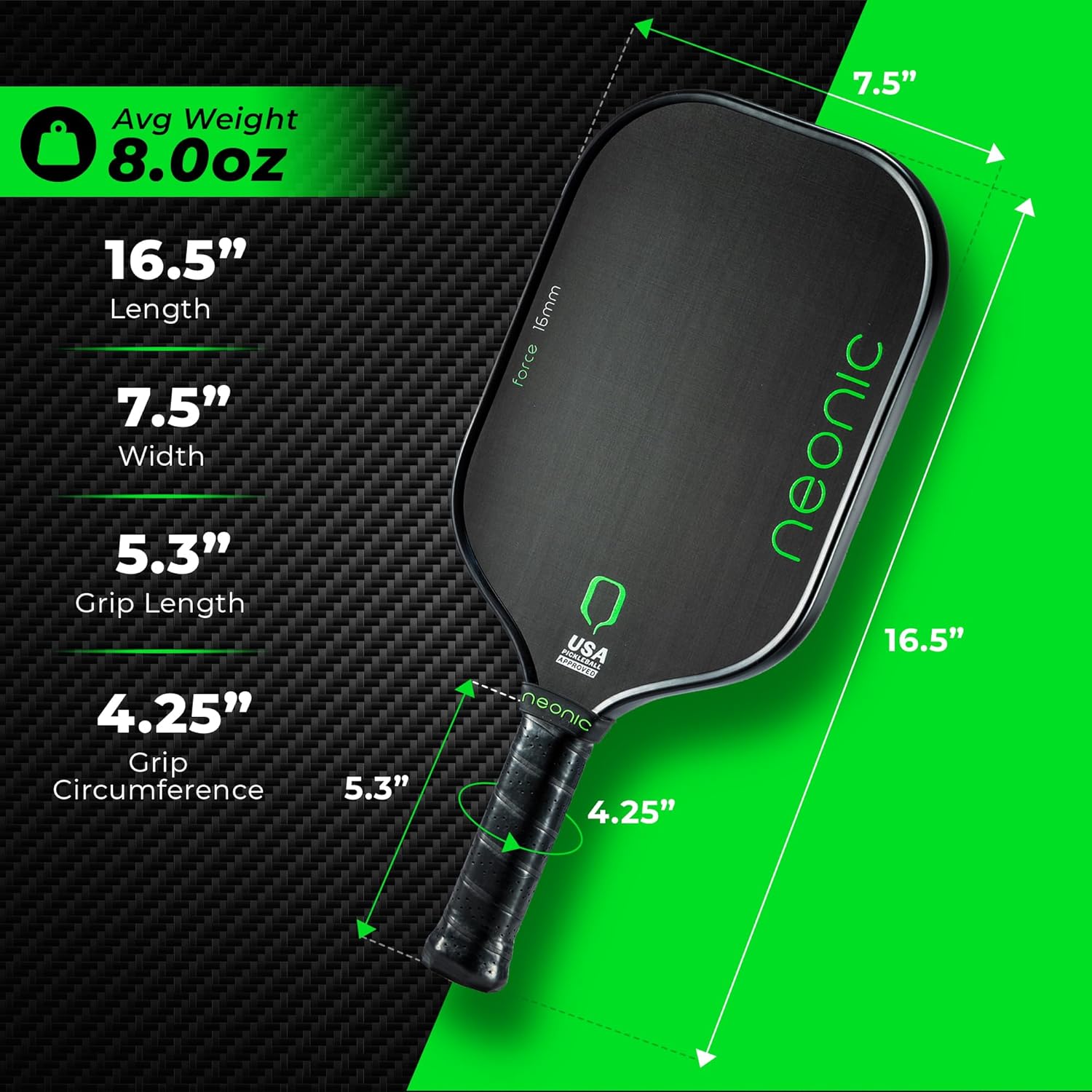Force – Paleta de pickleball de fibra de carbono de 0.630 in, paleta profesional alargada termoformada con inyección de espuma Unibody