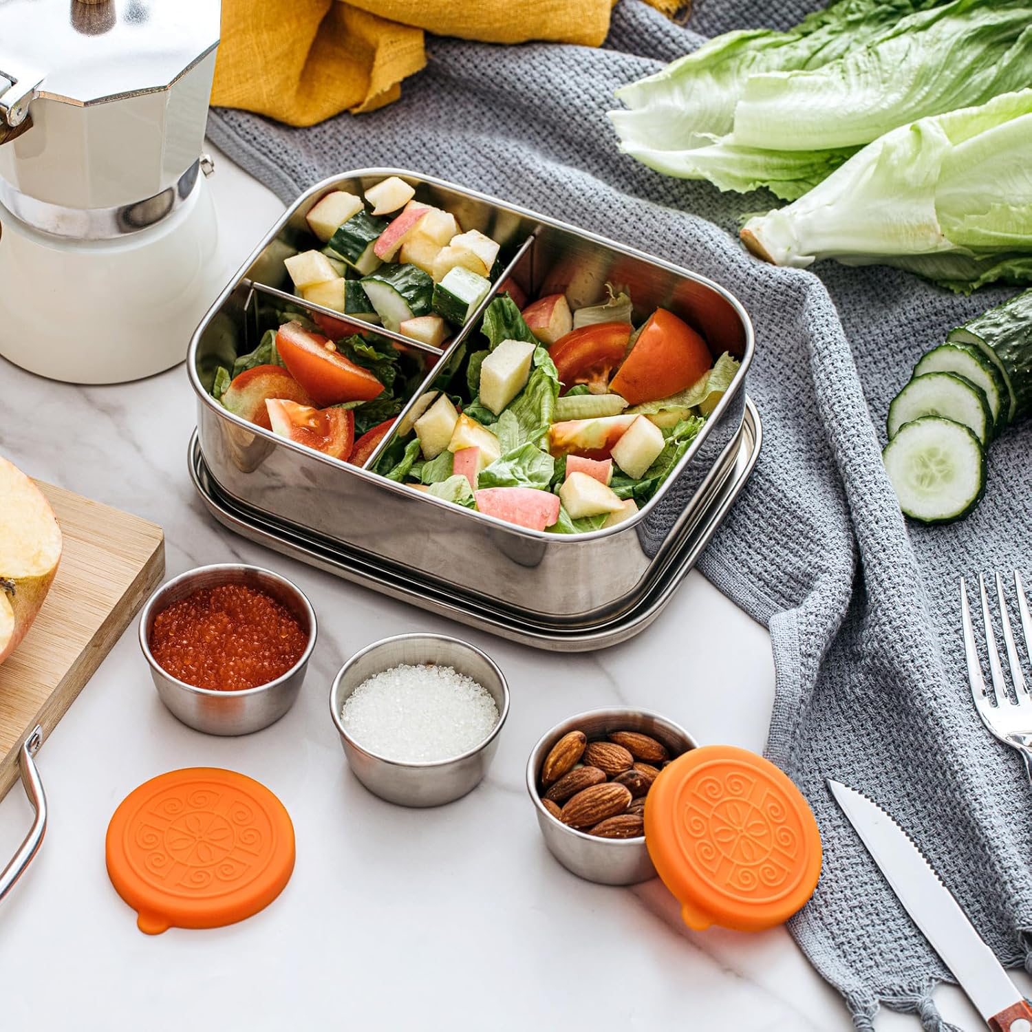 Juego de 4 cajas Bento de acero inoxidable, recipientes de almuerzo de 3 secciones para control de porciones, 3 contenedores apilables para