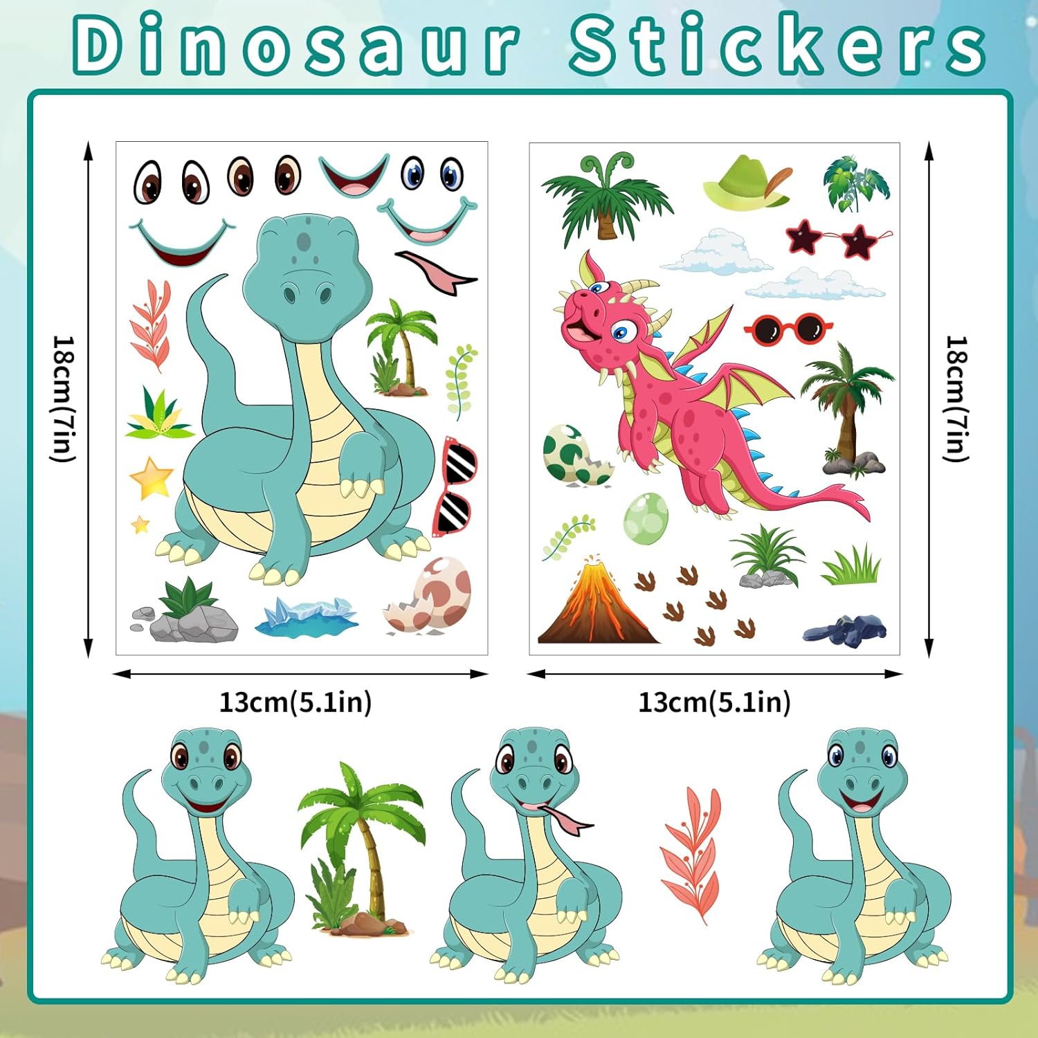 24 hojas de calcomanías de dinosaurio para niños, haz tus propias calcomanías de dinosaurio, calcomanías de dinosaurio para actividades escolares,