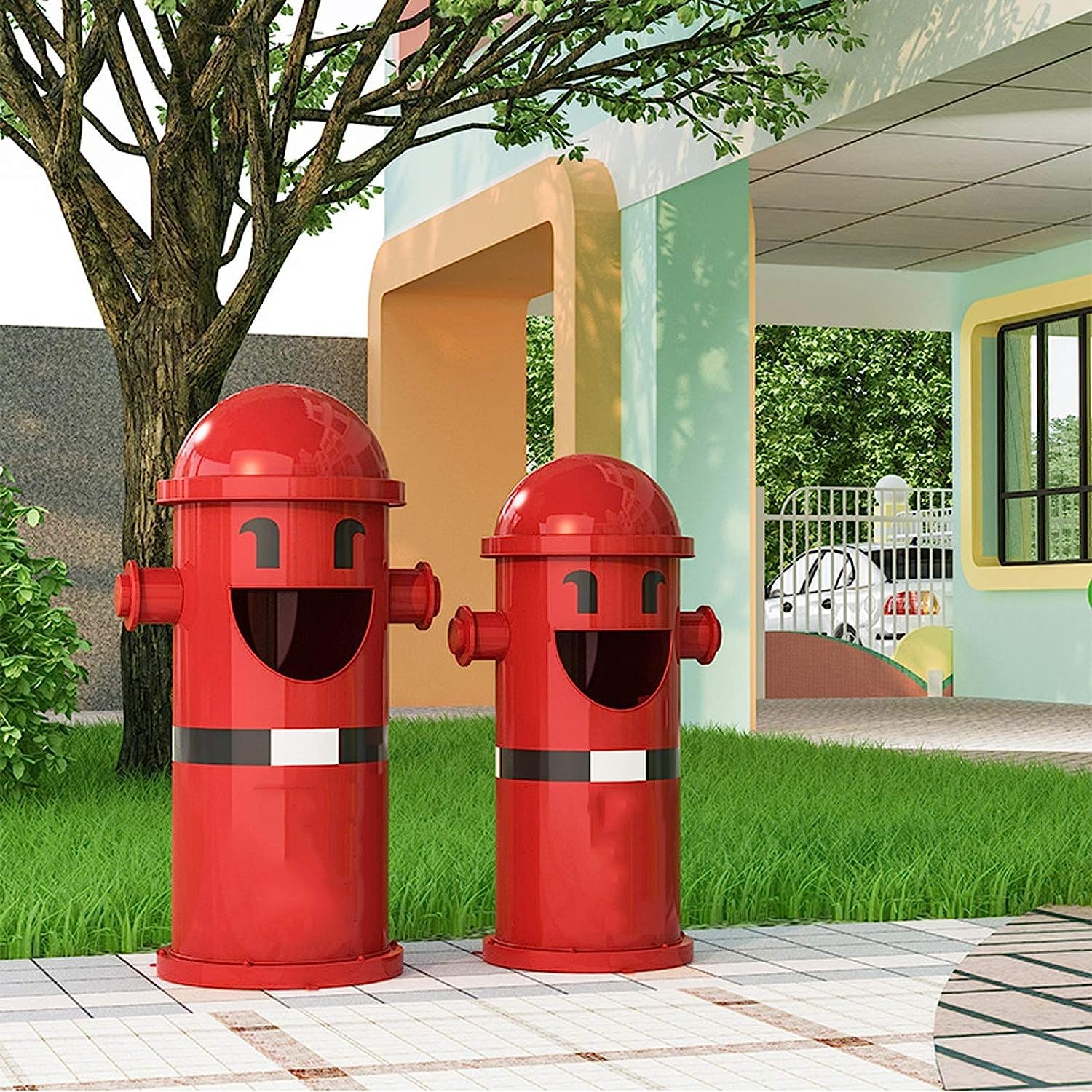 TISTIK Bote de basura Outdoor Sorting Trash Can Wrought Iron Long Cylindrical Waste Bin Recessed Panel Commercial Garbage Can 6 Colors Cartoon Fire