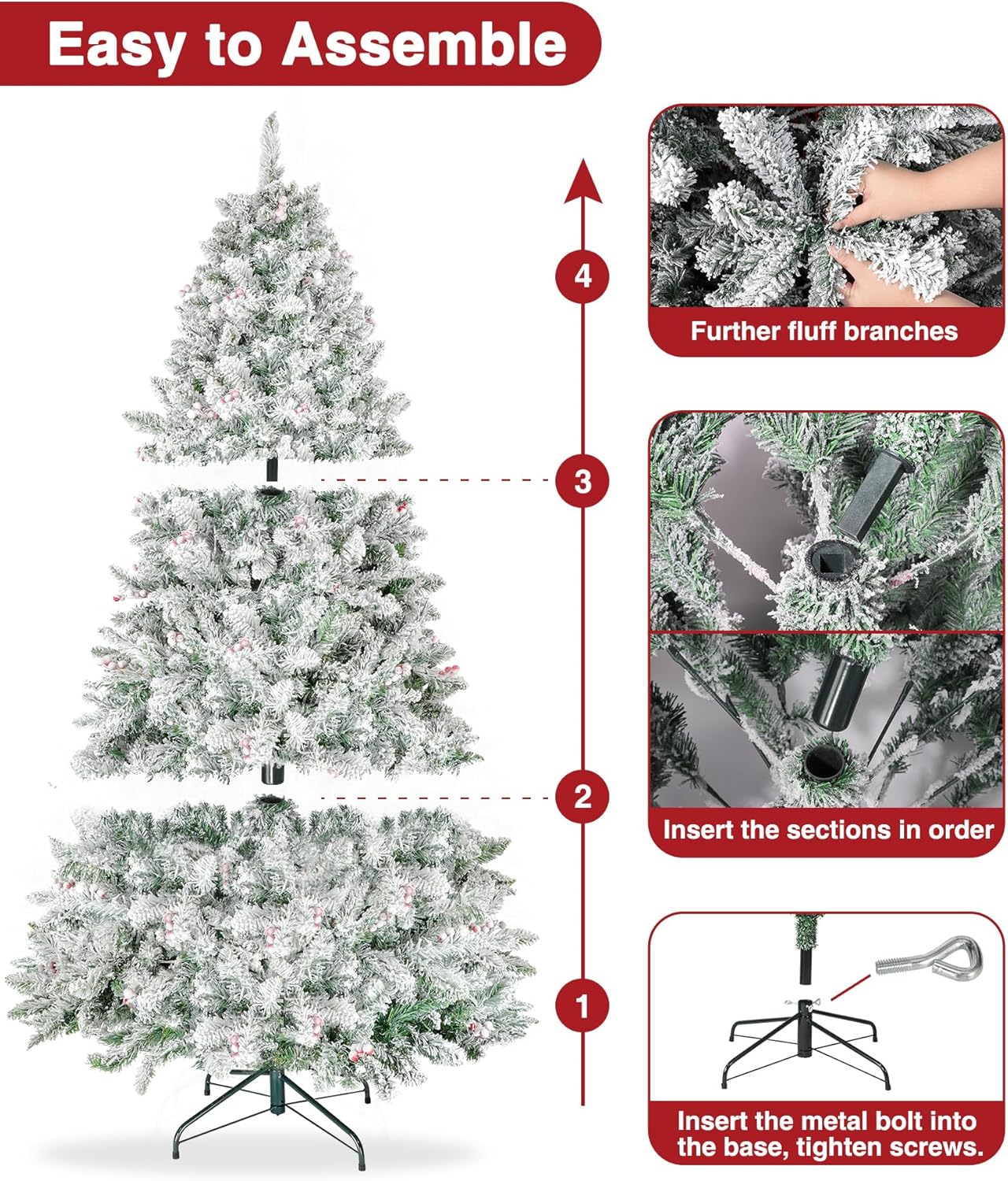 Árbol de Navidad preiluminado de 6.5 pies, árboles de Navidad artificiales con 400 luces blancas cálidas, 1100 puntas de rama, 58 bayas, decoración