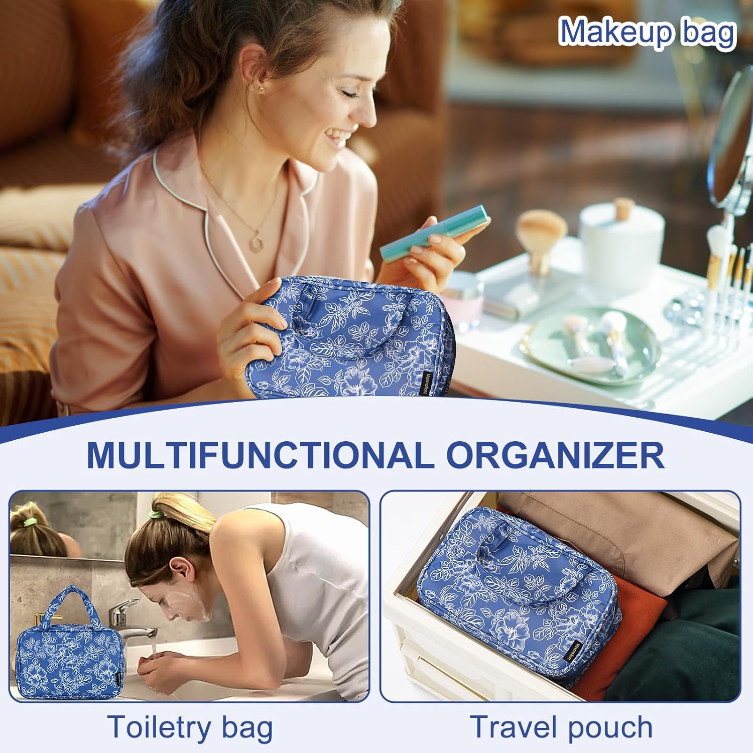 VEXTROFORT Bolsa de maquillaje, pequeñas bolsas de cosméticos de viaje portátiles para mujeres con organizador de brochas y asa, bolsa de maquillaje