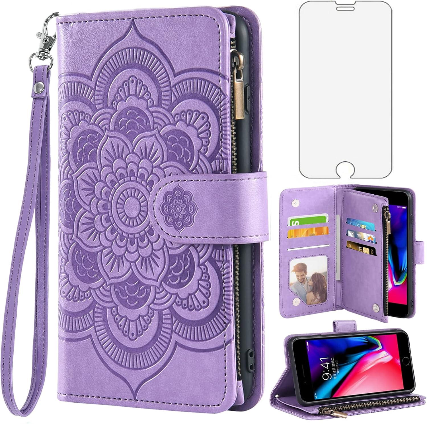 Asuwish Compatible con iPhone 7plus 8plus 78 Plus Funda tipo cartera y protector de pantalla de vidrio templado, funda de cuero con tapa para