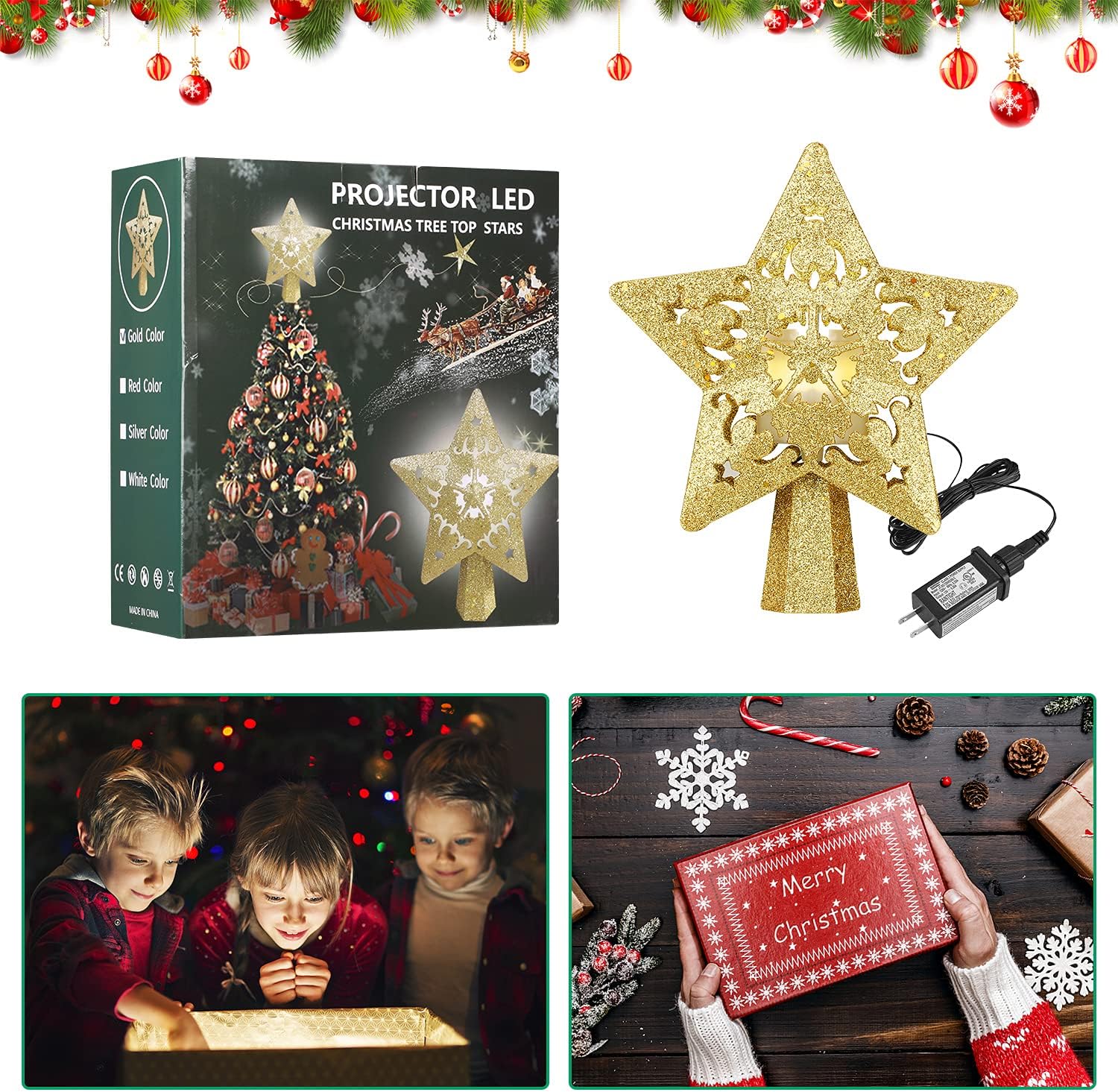 Decoración para árbol de Navidad, estrella iluminada con luz LED giratoria de estrella, estrella dorada con purpurina 3D, luces de proyector de
