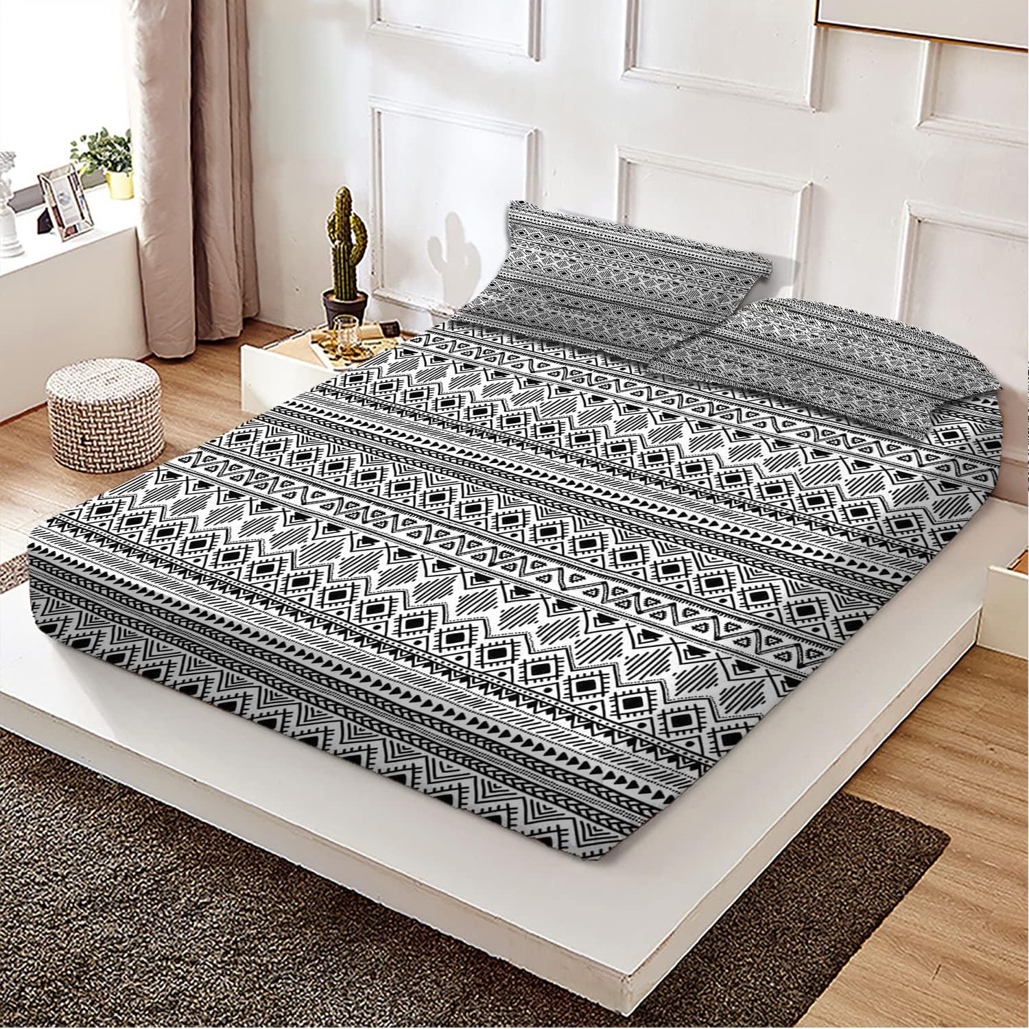 Juego de sábanas bajeras de tamaño Queen, diseño de rombos monocromáticos, juego de ropa de cama de 3 piezas con estampado decorativo, sábana