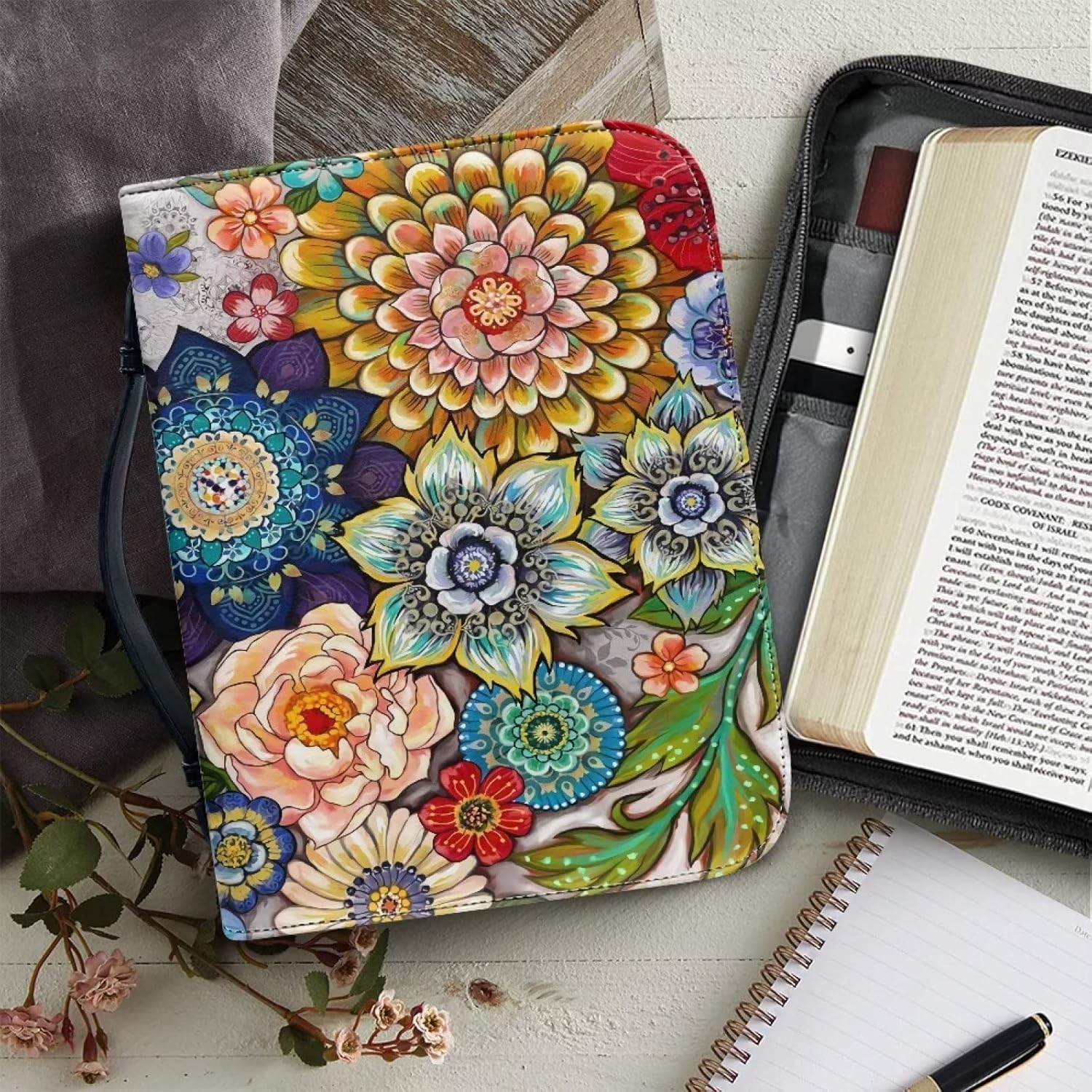 Showudesigns Funda de la Biblia de flores coloridas para mujer, fundas para la Biblia, bolsas ligeras con bolsillos de almacenamiento, ranuras para
