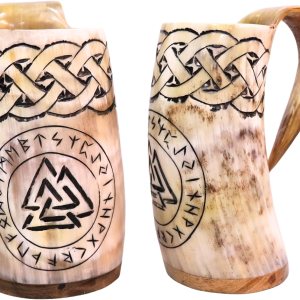 Viking Nordic Tankard – Taza de cerveza medieval  Cuerno de buey genuino  Taza The Valknut de 18-22 onzas Viking Nordic Tankard – Taza de cerveza medieval  Cuerno de buey genuino  Taza The Valknut de 18-22 onzas
