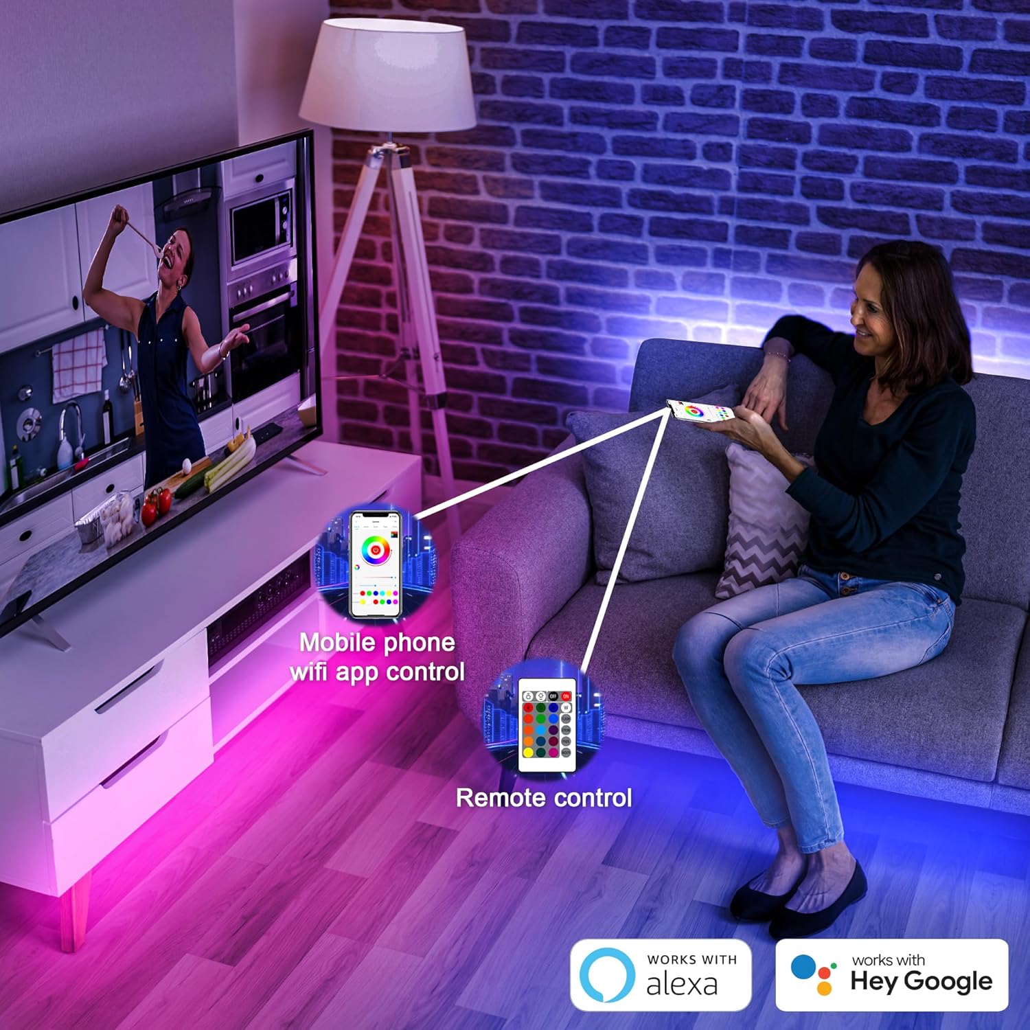 Cozylady Tira de luces LED inteligentes de 65.6 pies para dormitorio, funciona con Alexa, 5050 RGB que cambia de color, sincronización de música,