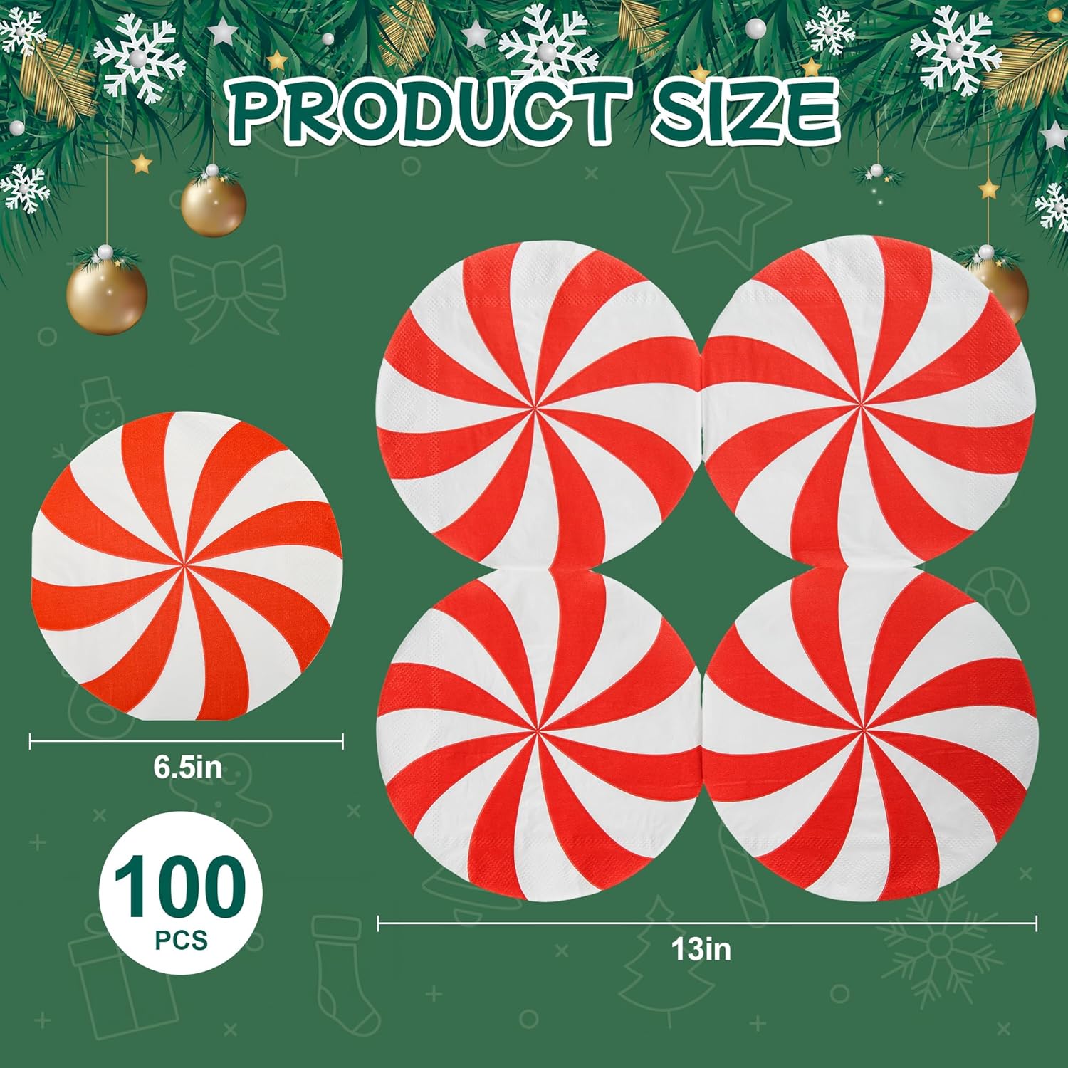 Servilletas de papel de Navidad, 100 servilletas desechables de caramelo de menta redondas, piruletas de Navidad, decoración de vajilla, servilletas