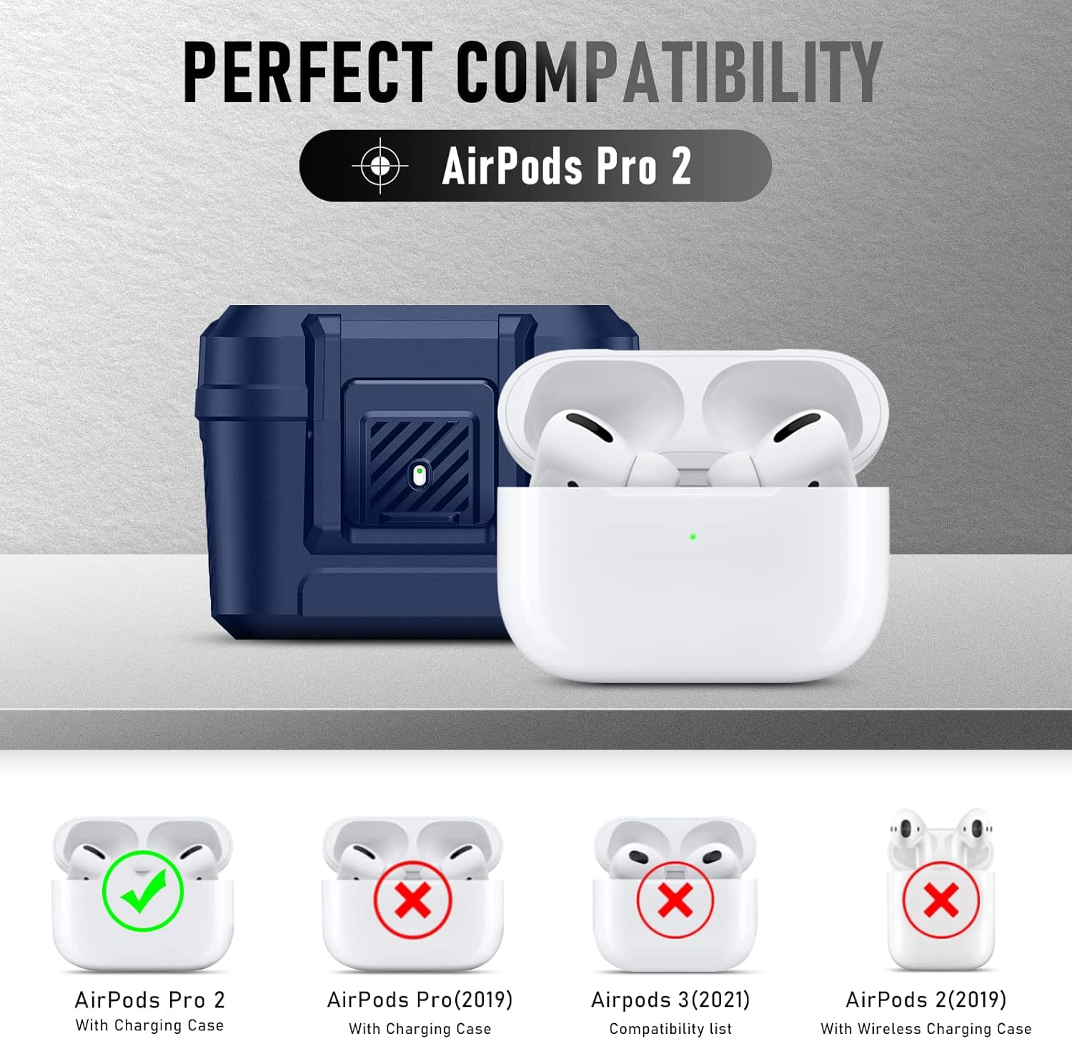 Funda compatible con Airpods Pro 2 con kit de limpieza, funda protectora militar dura a prueba de golpes para Airpods con bloqueo seguro automático
