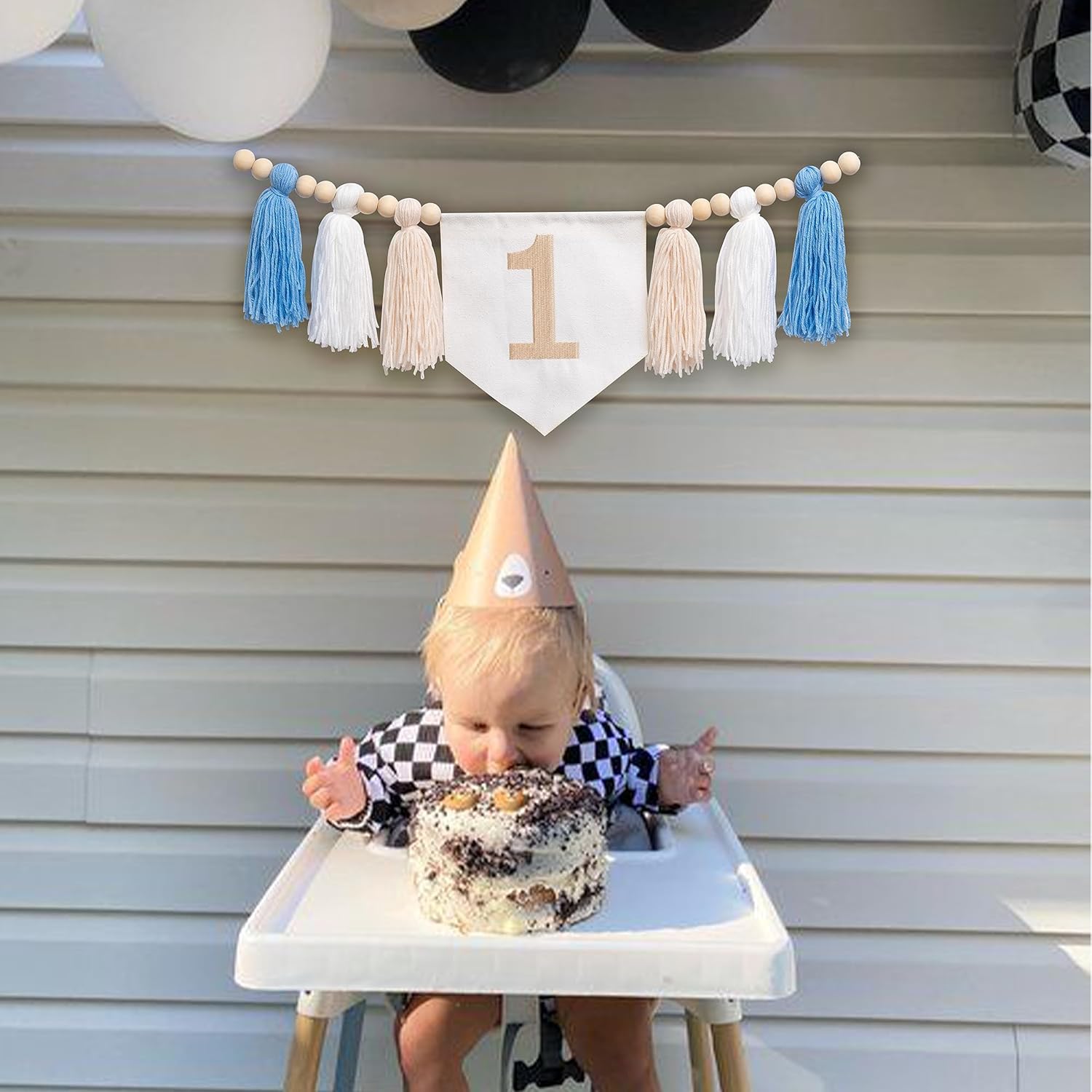 Cartel de primer cumpleaños para silla de bebé, decoración azul para fiesta de primer cumpleaños, guirnalda de borlas de hilo para niños, guirnalda