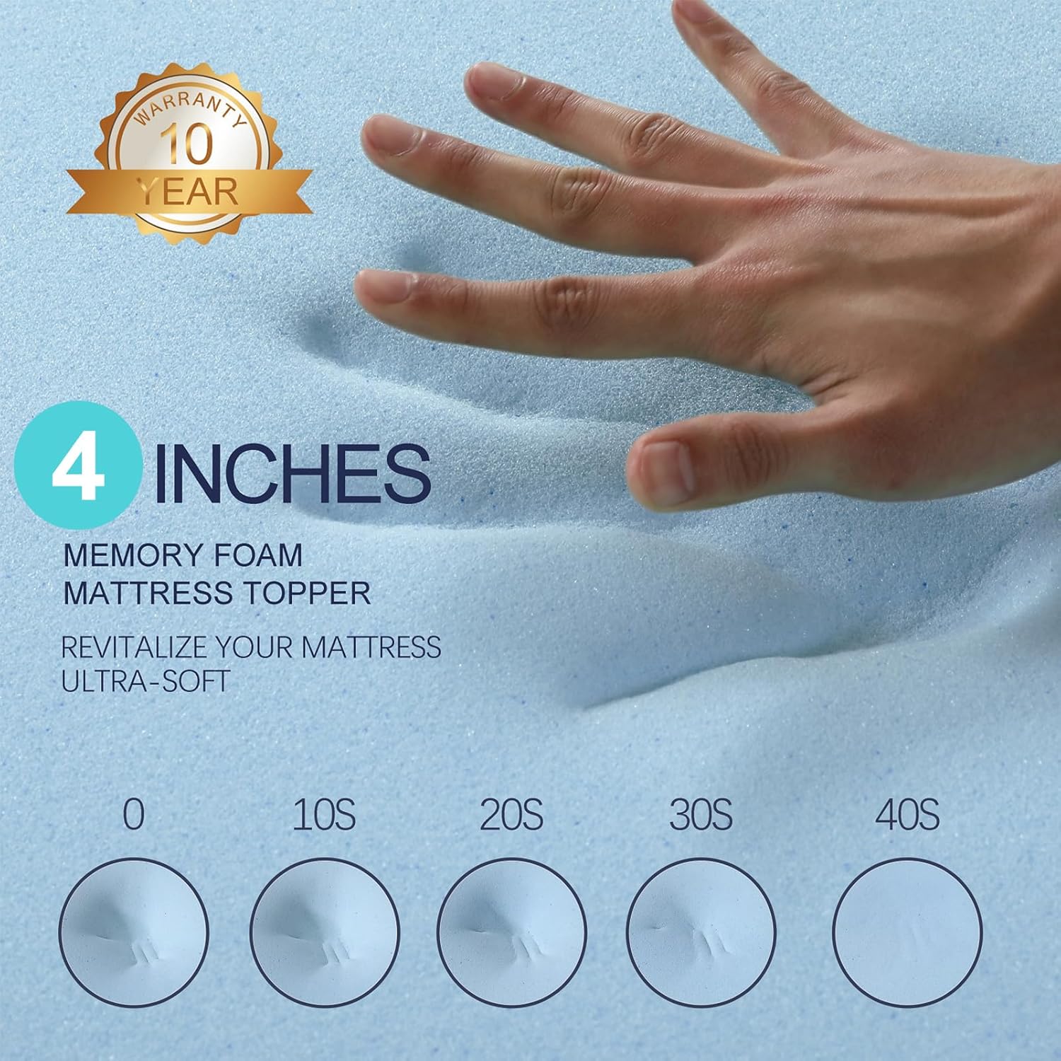 Cubrecolchón de espuma viscoelástica de gel de 4 pulgadas, almohadilla de enfriamiento de alta densidad, alivio de presión (con funda de bambú