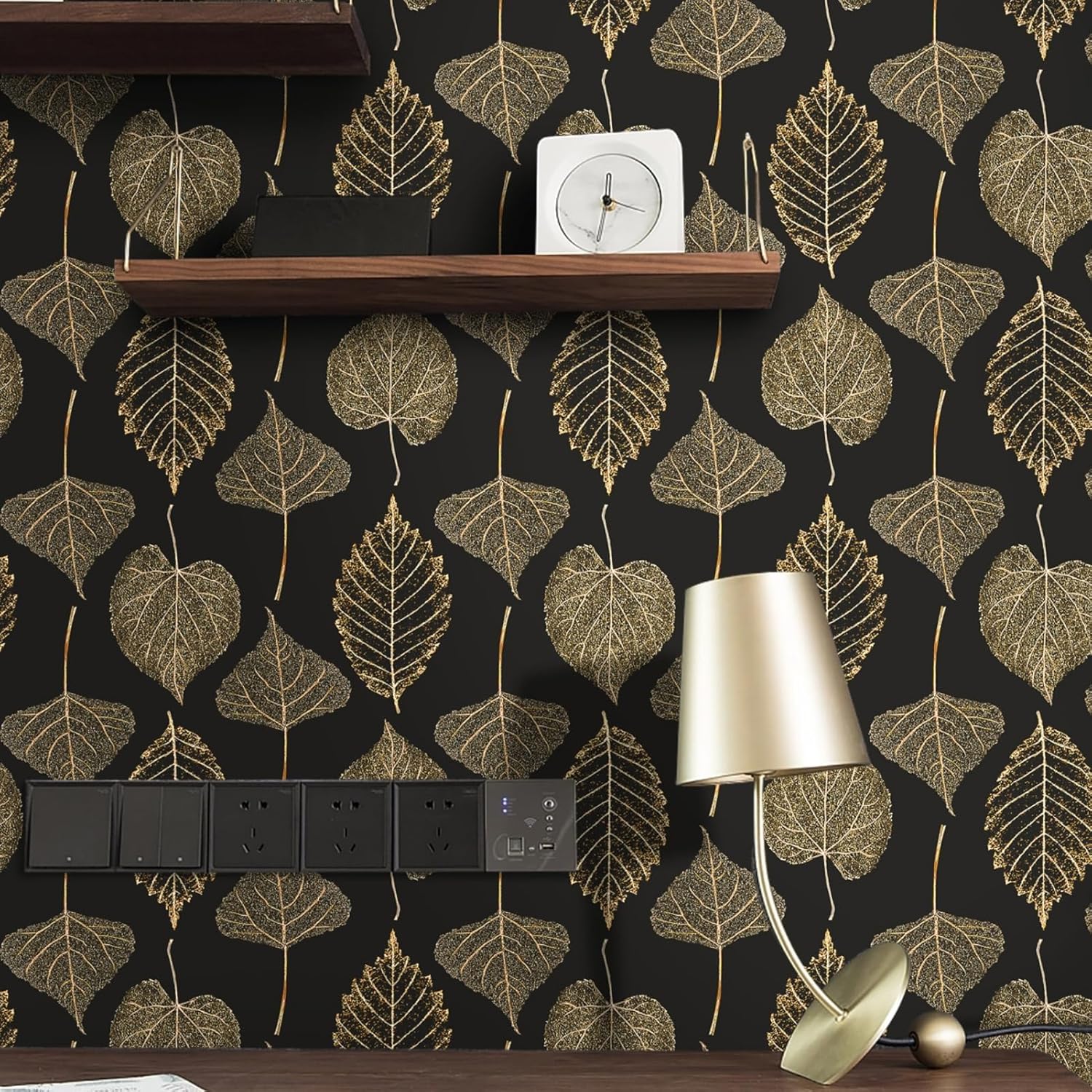 Ismoon Papel tapiz autoadhesivo con textura de hojas, color negro y dorado, autoadhesivo, extraíble, de vinilo grueso, impermeable, apto para