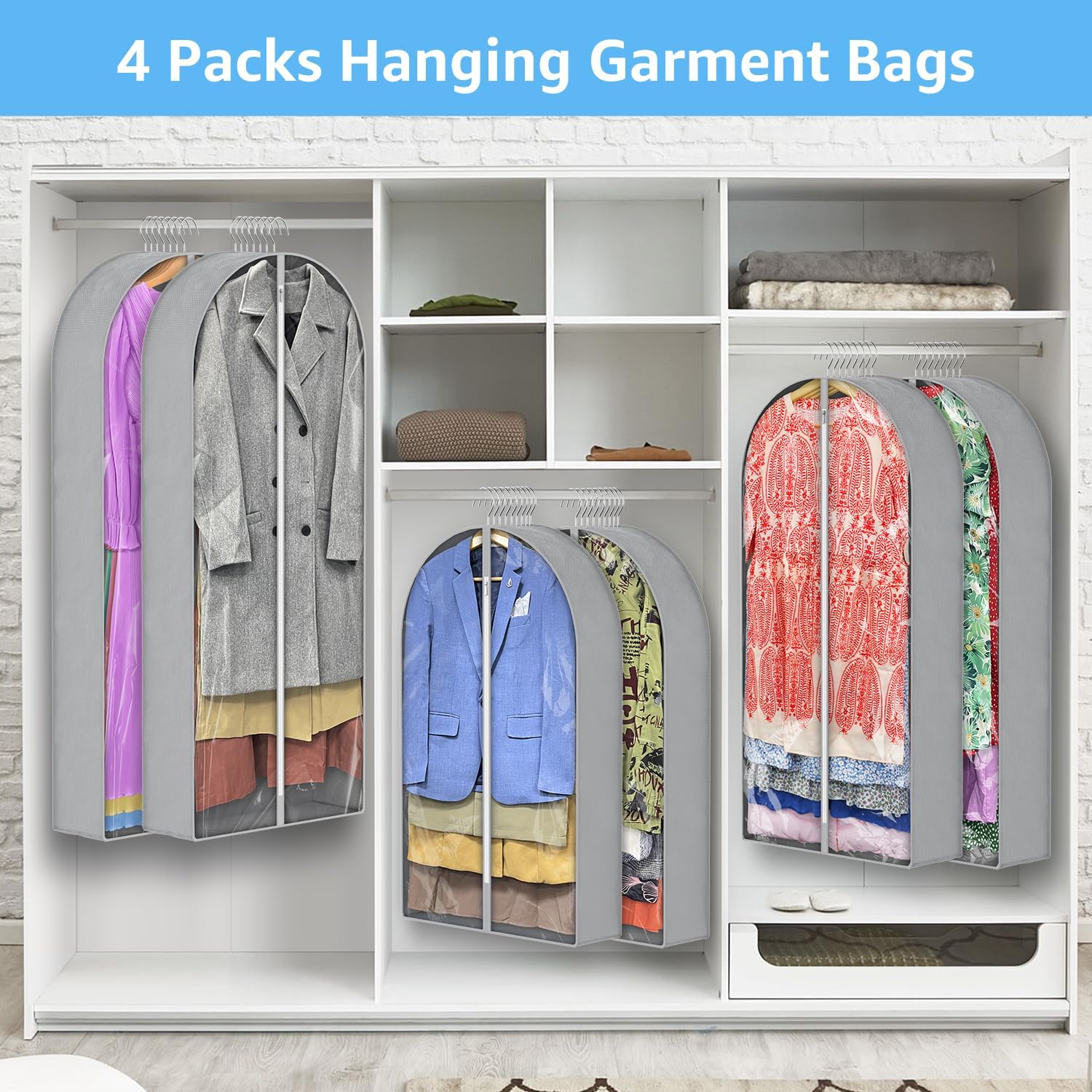 Paquete de 4 bolsas de ropa de 40 pulgadas para colgar ropa con refuerzo de 6.5 pulgadas, bolsas de ropa para colgar almacenamiento, bolsas de ropa