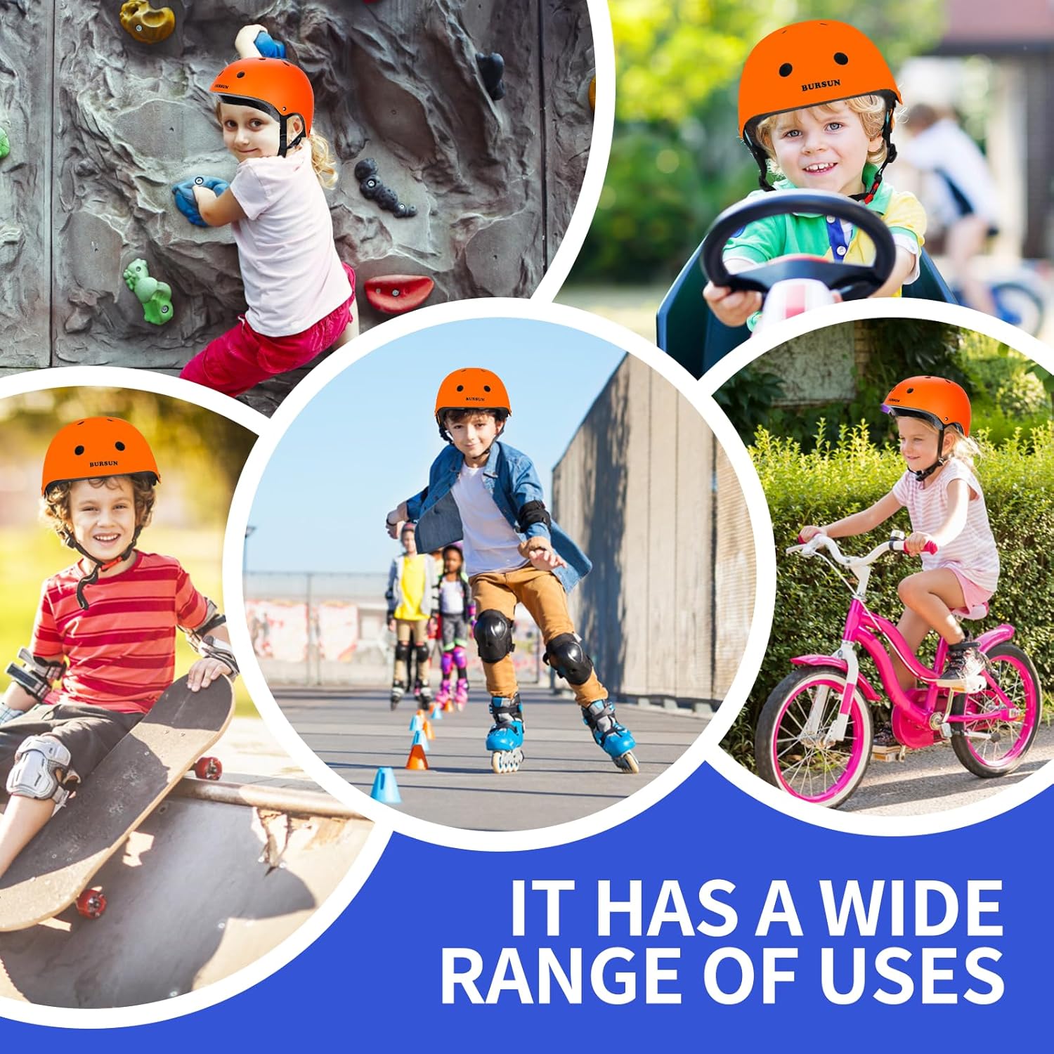 BURSUN – Casco de bicicleta para niños con ventilación y ajustable, para niños de 2 a 14 años, casco multideportivo para patineta, patinaje,
