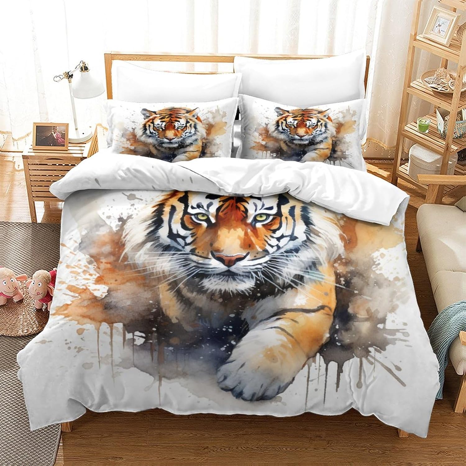 OPSREY Juego de funda de edredón de animales impresos en 3D de tigre, funda de edredón de 3 piezas con fundas de almohada para niños y adultos,