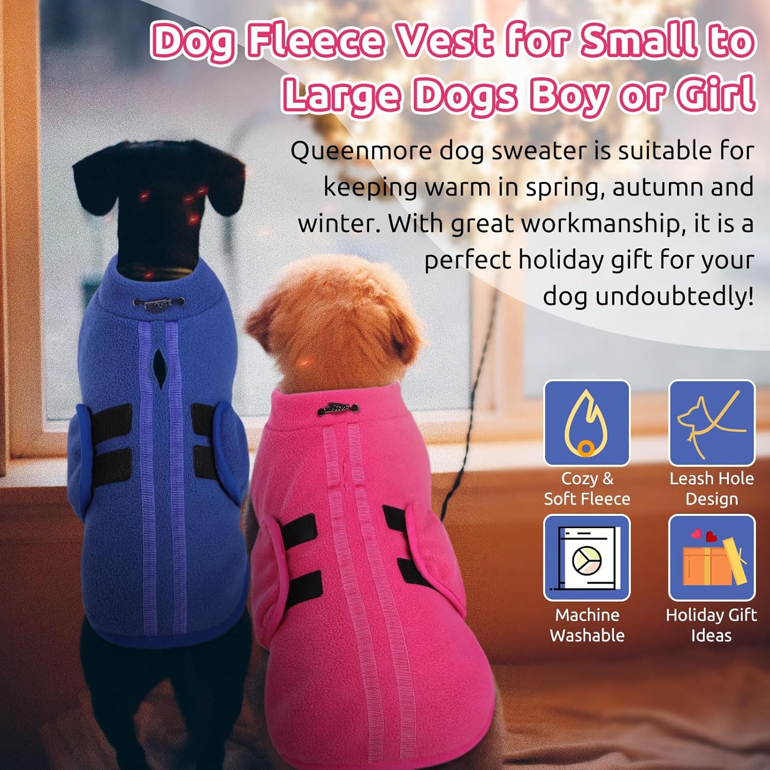 Queenmore Suéter para perro pequeño, chaleco de forro polar suave con agujero para la correa, abrigos cálidos de invierno para perro para clima