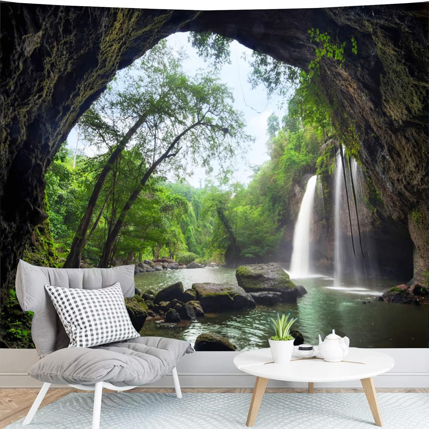 Showutheworld Tapiz verde de paisaje natural, tapiz de selva tropical, tapices de cascada, río, puente de madera, tapiz colgante de pared para sala