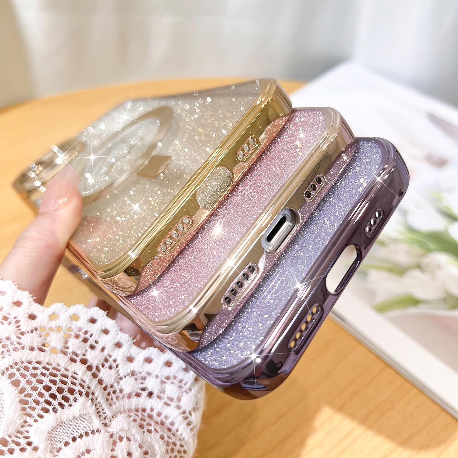 Fiyart Funda compatible con iPhone 13, compatible con MagSafe Love con protección de cámara chapada en corazón, purpurina magnética para mujeres y