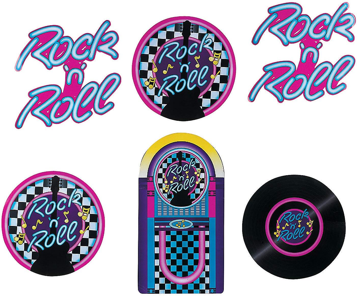 Fun Express – Recortes de cartón Rock N Roll (6 piezas) para fiesta, decoración de fiesta, decoración de pared, recortes, fiesta, 6 piezas