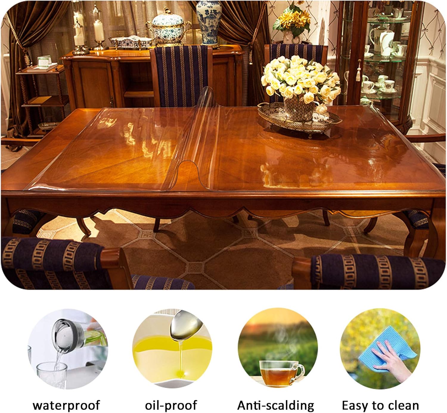 Protector de mesa de vidrio suave de PVC, protector de mantel transparente con bordes de 68, placa de cristal de plástico transparente, impermeable,
