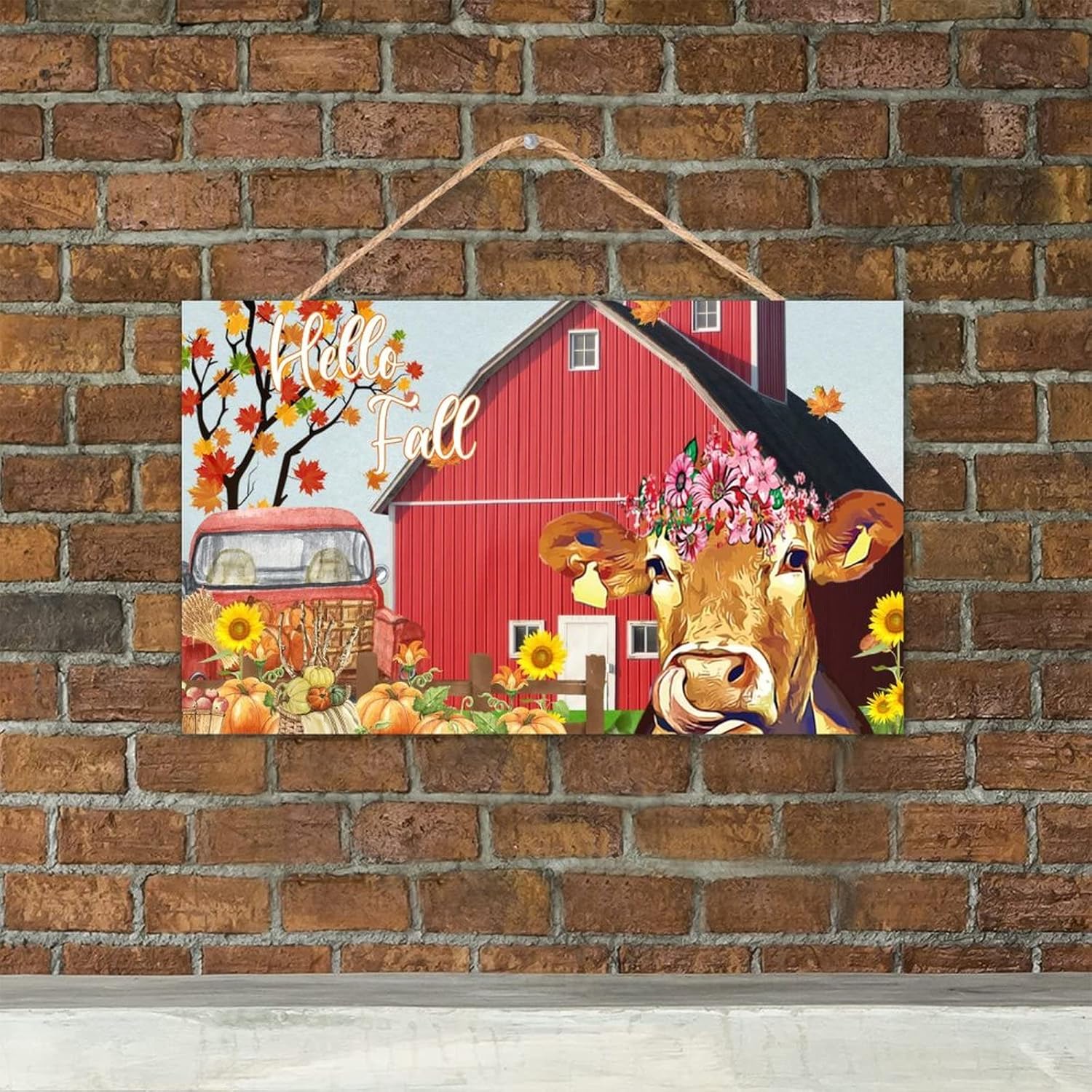 TEANFUN Letrero de bienvenida con texto en inglés Hello Fall de madera de otoño, decoración de puerta delantera de vaca de granja, decoración de