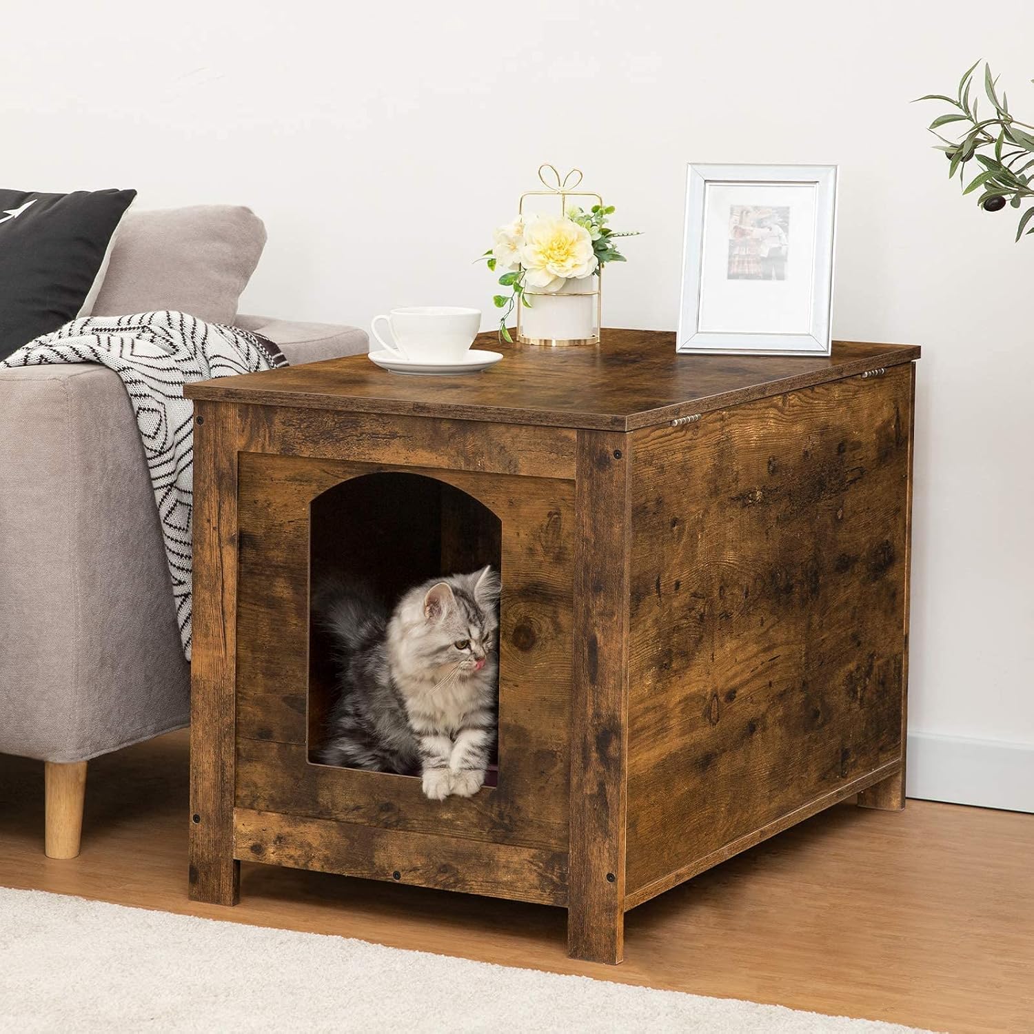 HOOBRO Caja de arena para gatos, muebles ocultos, banco de almacenamiento de baño con tapa abatible, con divisor para ampliar la mesita de noche