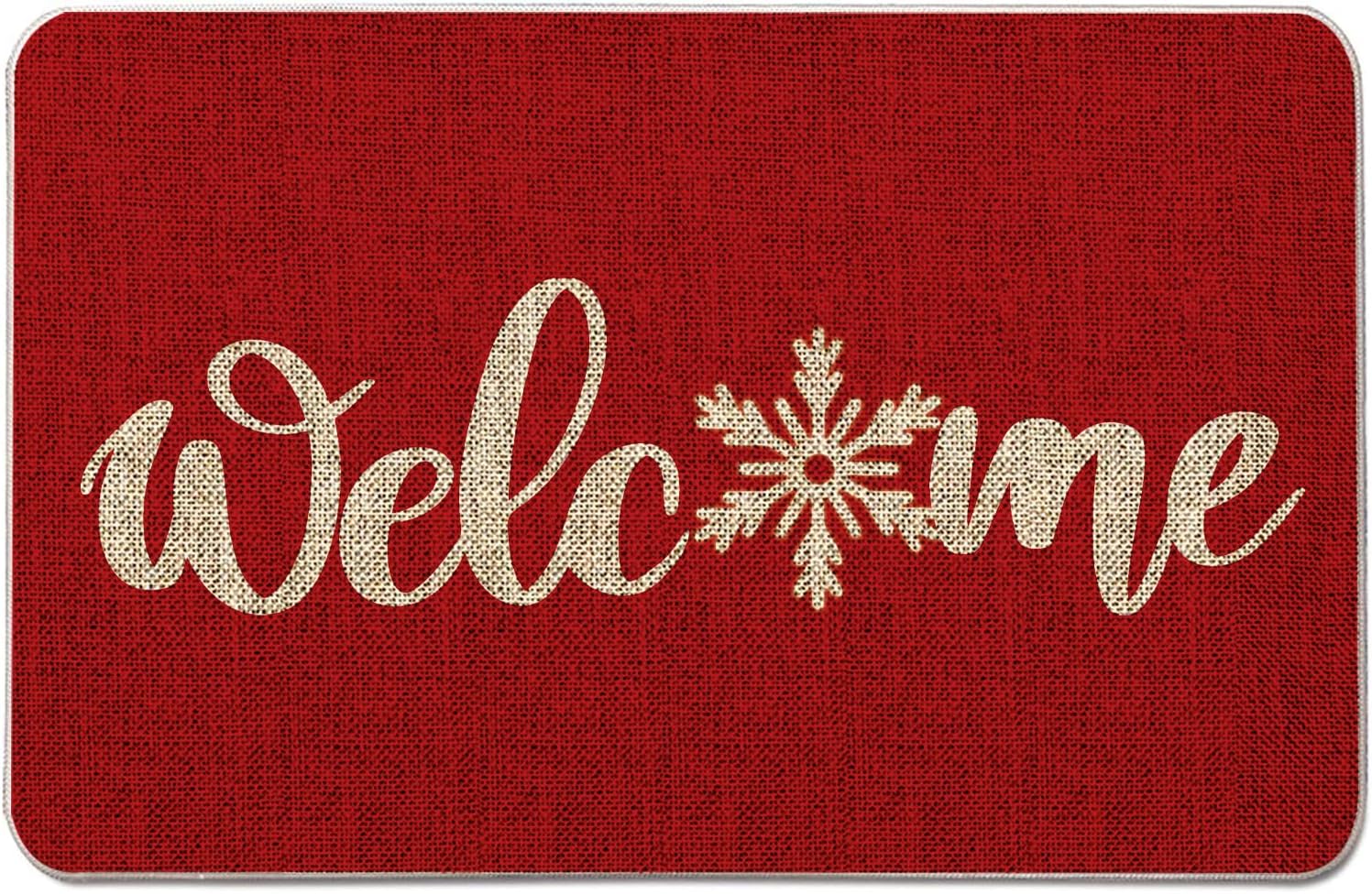 GAGEC Tapete de Navidad para exteriores, tapete rojo de bienvenida con copos de nieve, tapete de entrada para puerta de invierno, decoración de casa