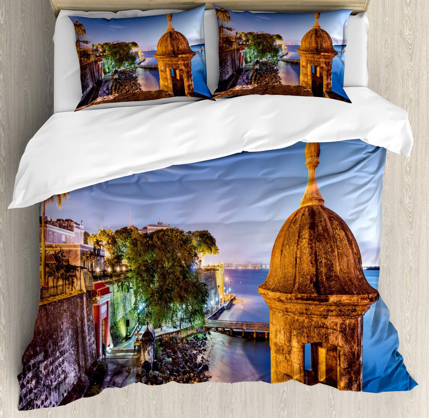 Lunarable Puerto Rico Duvet Cover Set, Coast at Paseo de la Princesa Retro Style Architectural Elements Photography, Decorative 3 Piece Bedding Set